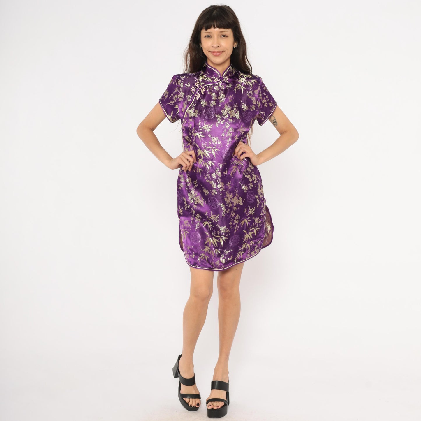 2000s Purple Gold Brocade Cheongsam Mandarin Collar Cap Sleeve Mini Small S