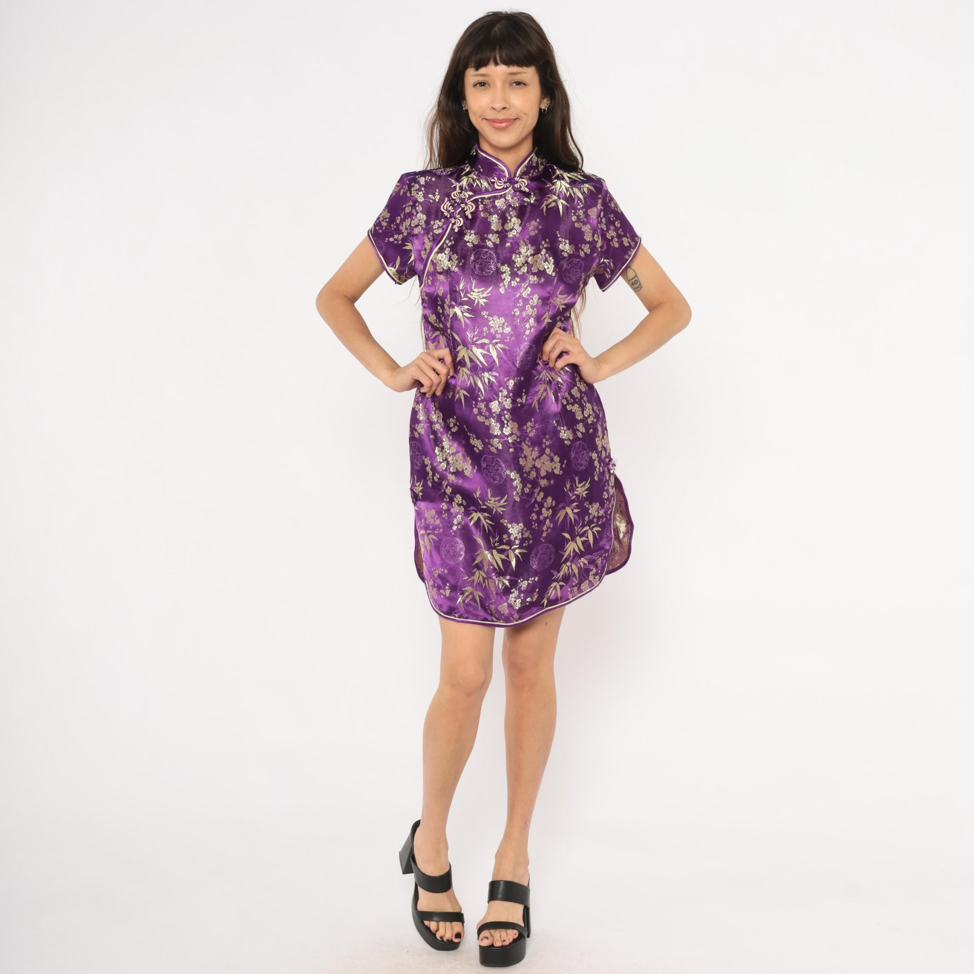 2000s Purple Gold Brocade Cheongsam Mandarin Collar Cap Sleeve Mini Small S