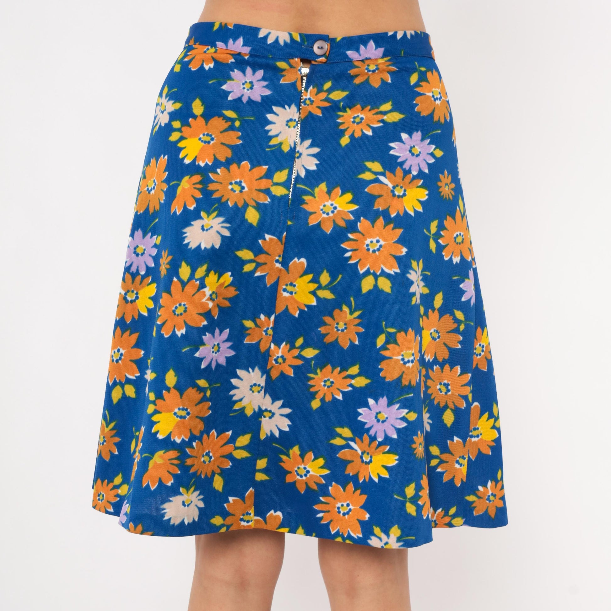 70s Cobalt Blue Daisy Print A-Line Mini Skirt Floral Small S