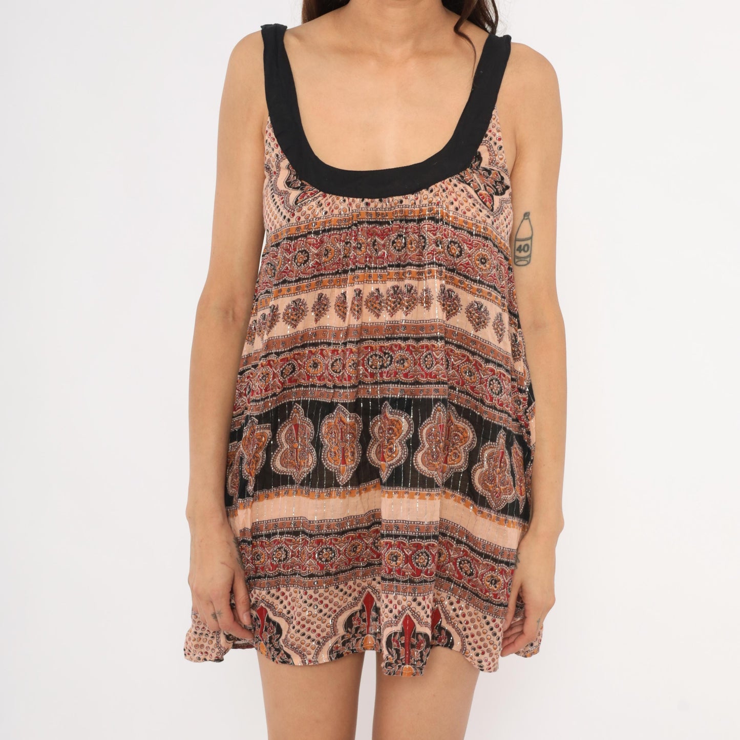 Y2K Bakul Indian Block Print Mini Dress Paisley Black Burgundy Small