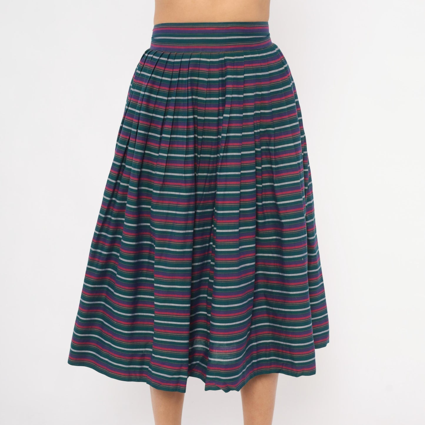 60s Striped Pleated Midi Skirt Teal Burgundy Navy High Waist Cotton Small