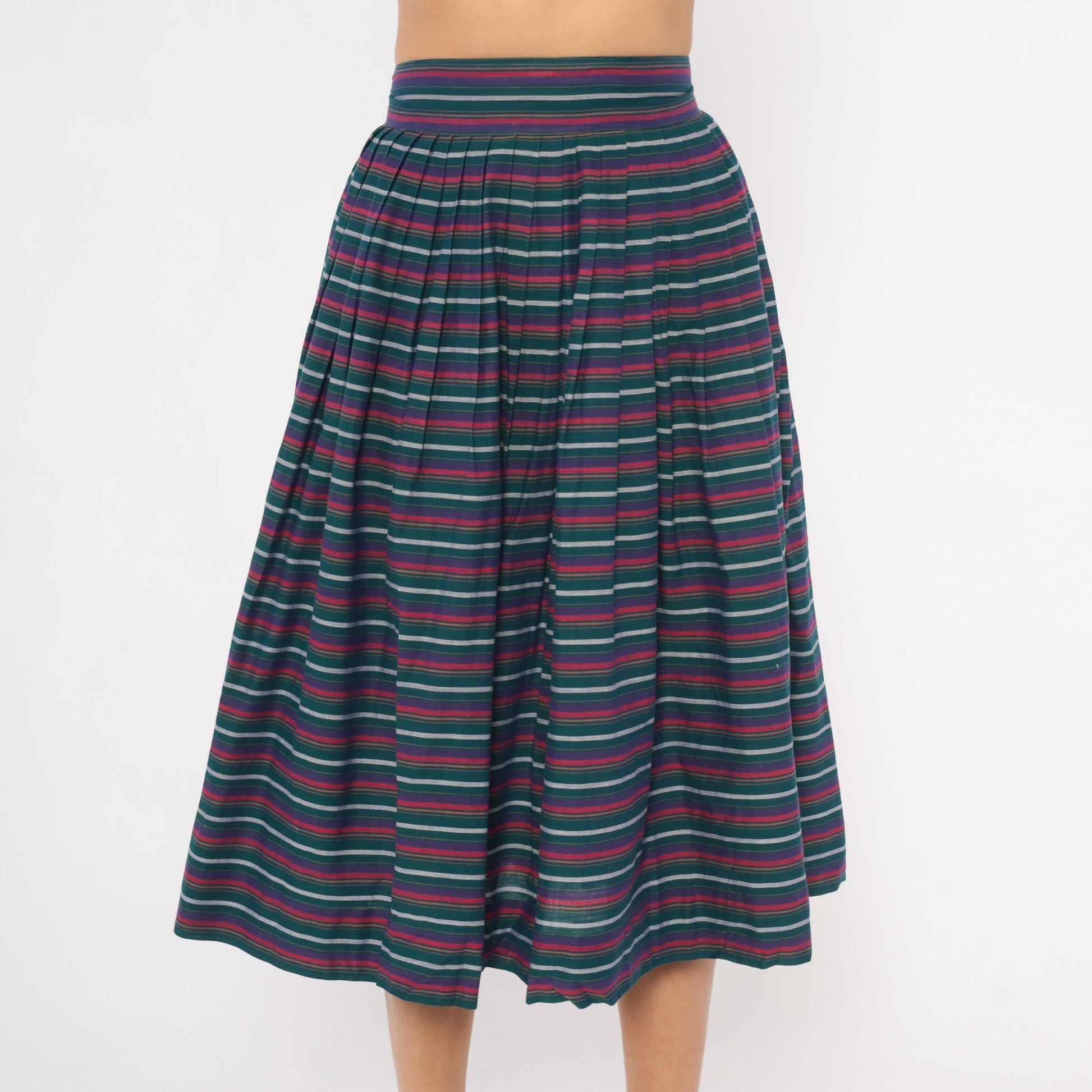 60s Striped Pleated Midi Skirt Teal Burgundy Navy High Waist Cotton Small