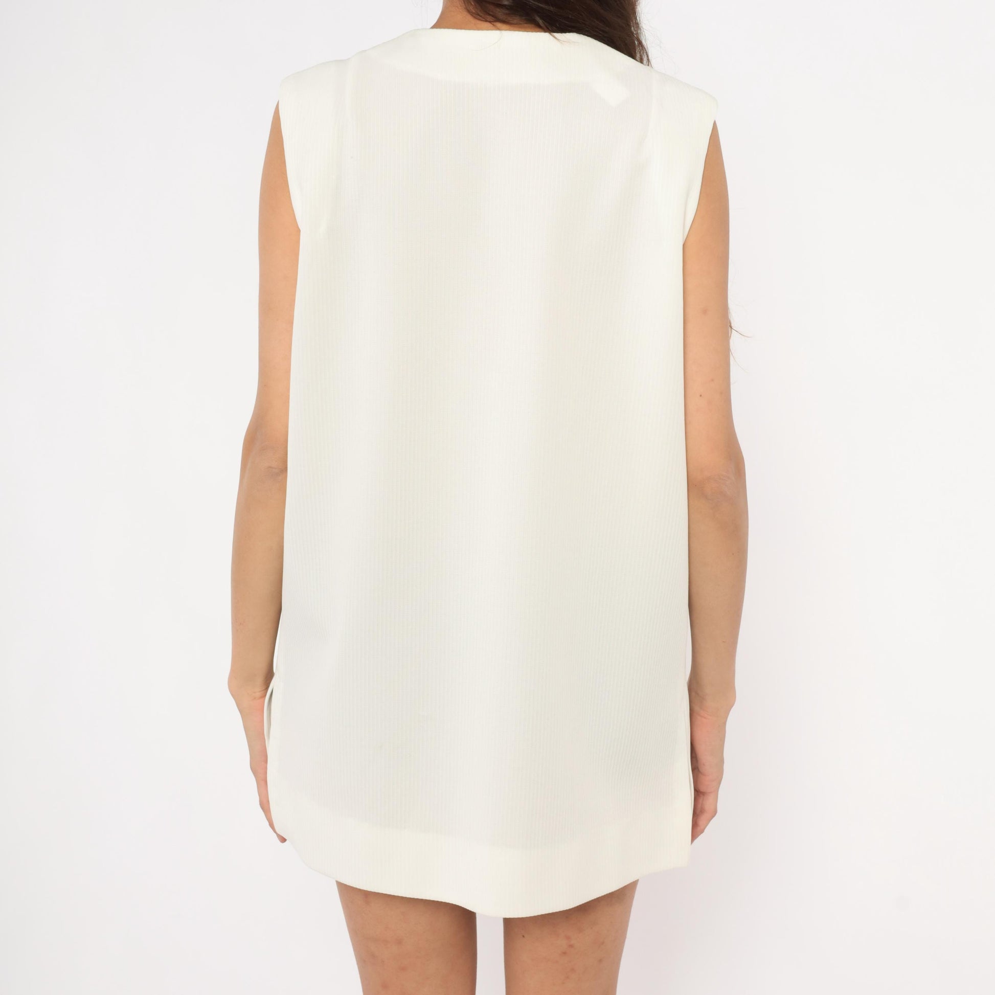 70s White Frog Closure Vest Mandarin V-Neck Tunic Longline Medium