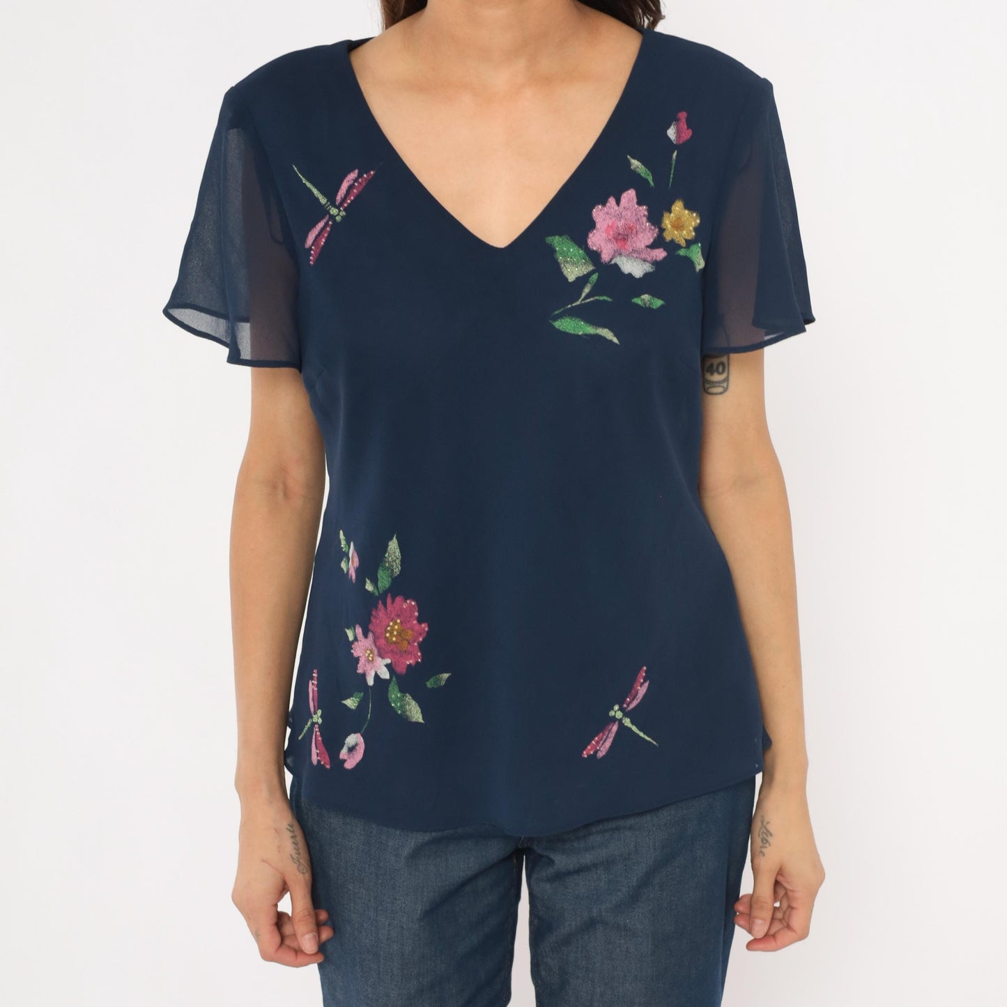 90s Karin Stevens Navy Floral Dragonfly Chiffon Blouse Flutter Sleeve Large L