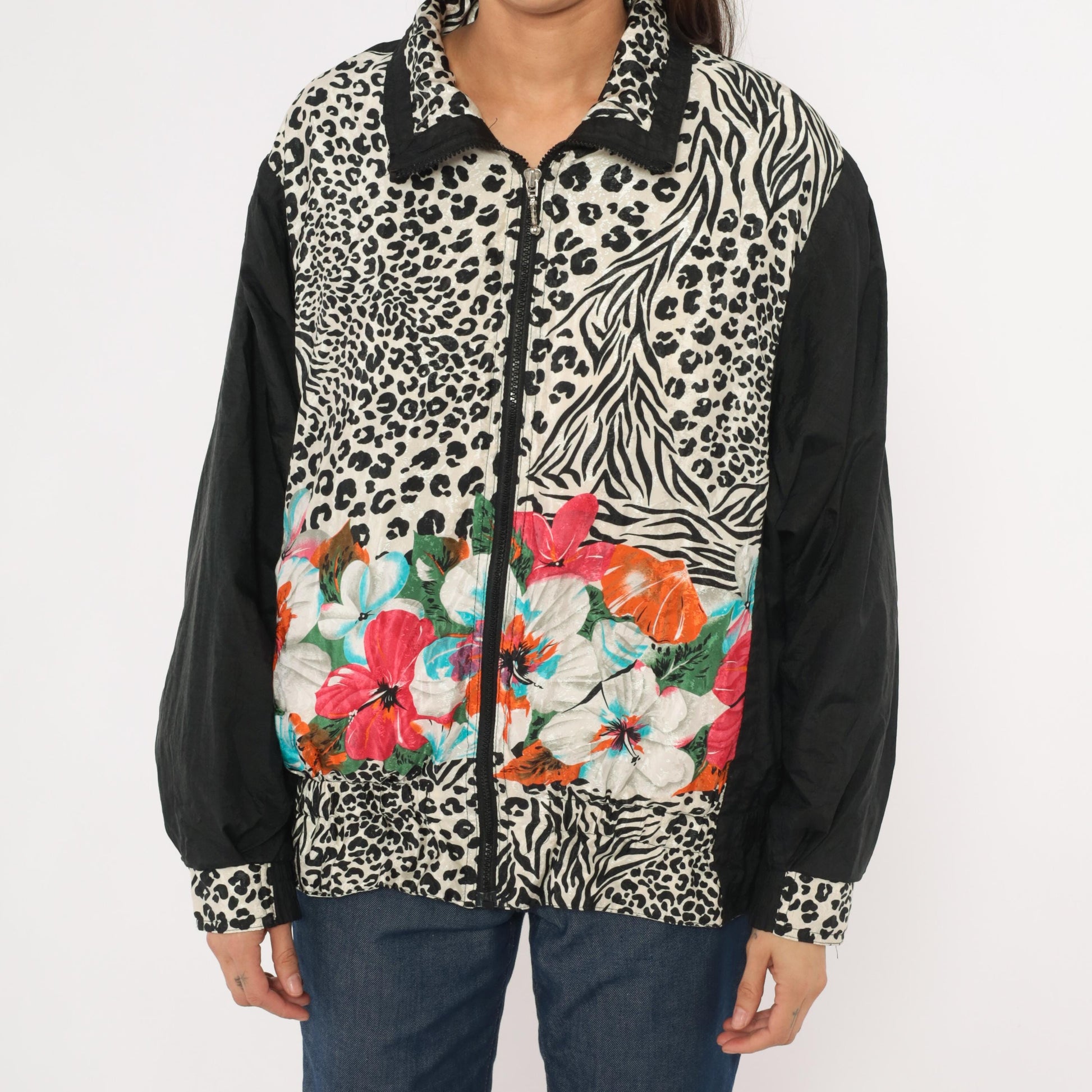 90s East West Leopard Zebra Floral Windbreaker Jacket Black Medium M