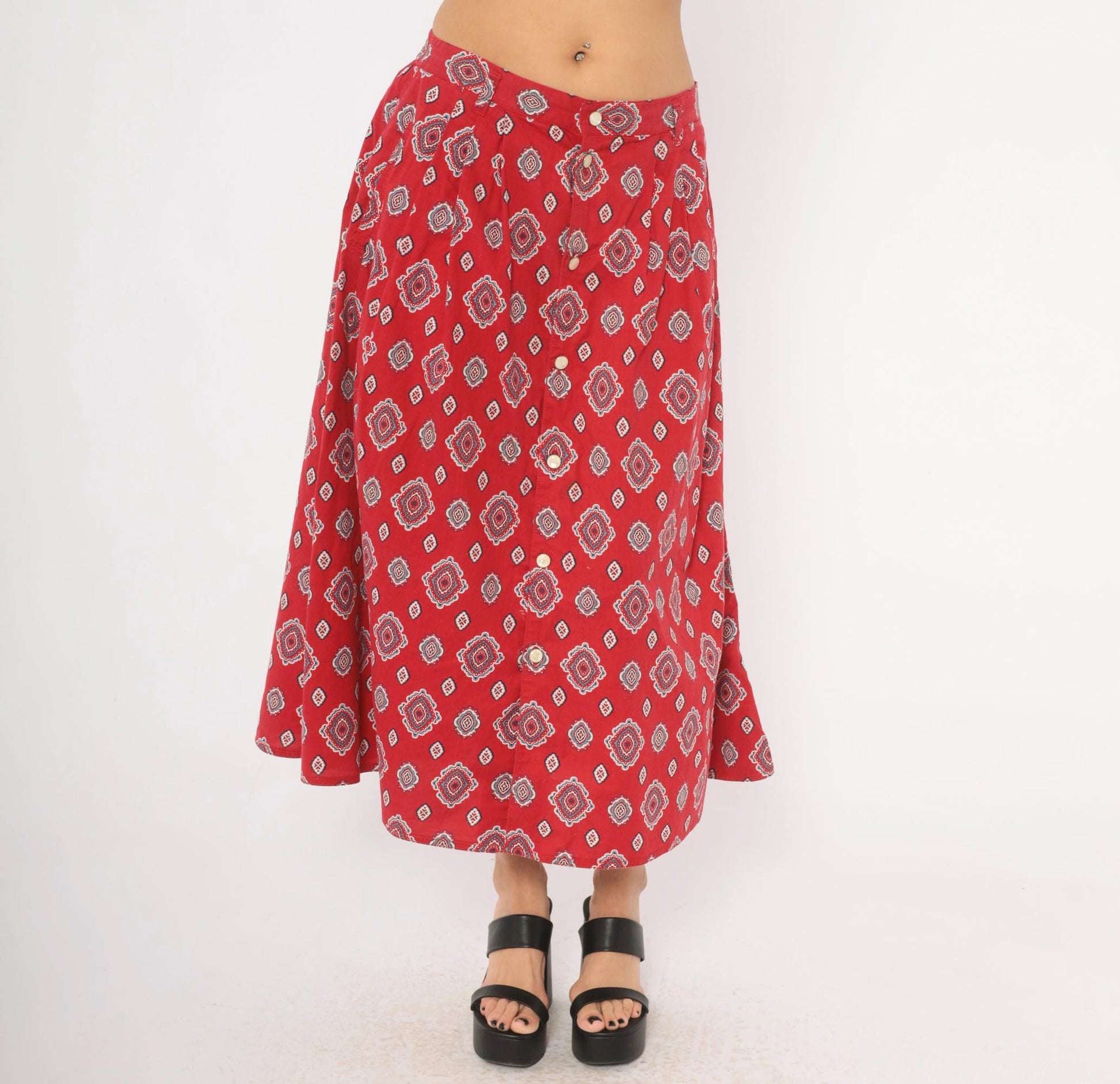 90s Liz Wear Southwestern Midi Skirt Red Medallion Print Cotton Large L
