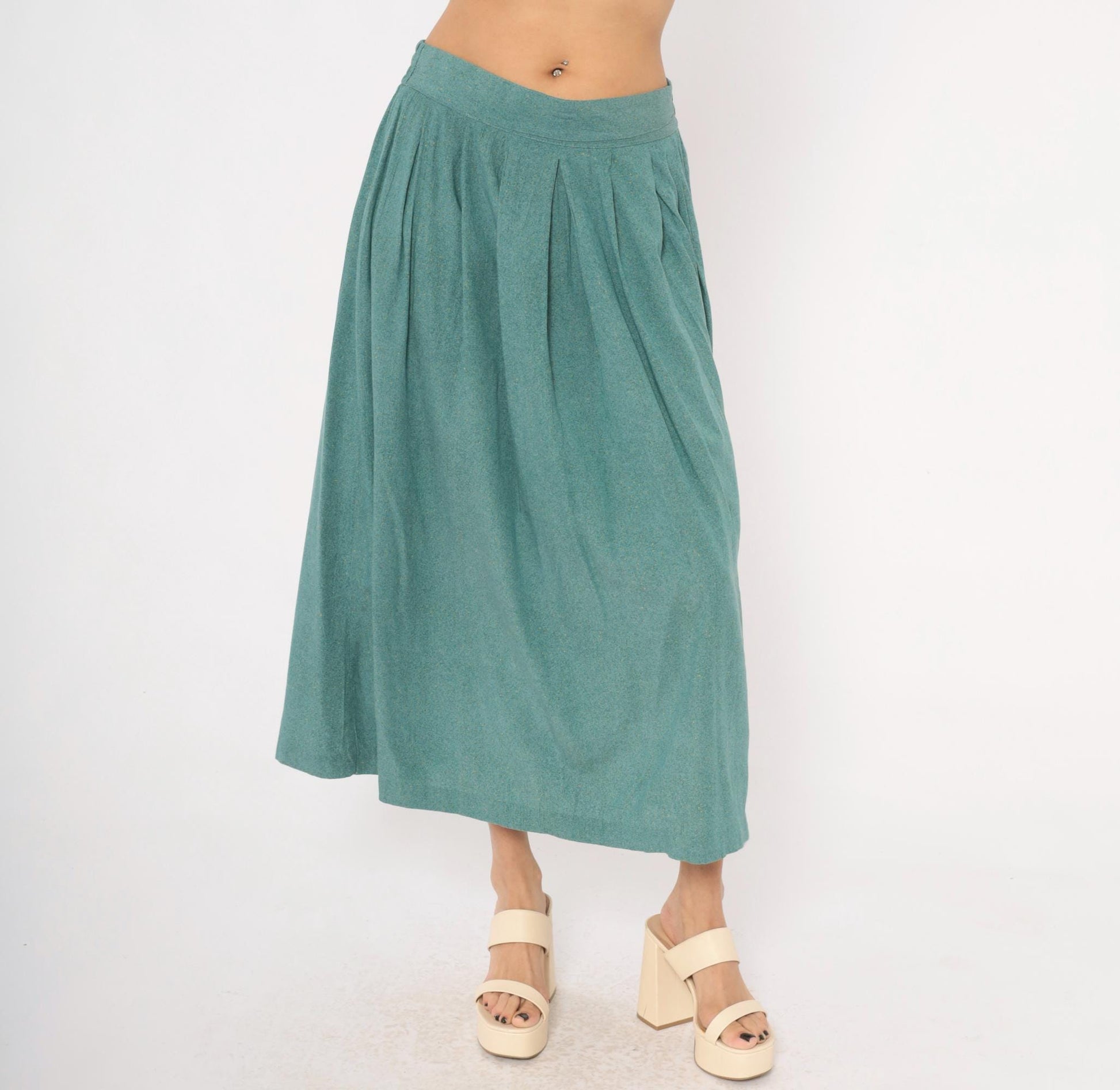 80s Norton Mcnaughton Teal Pleated Midi Skirt High Waist A-Line Medium