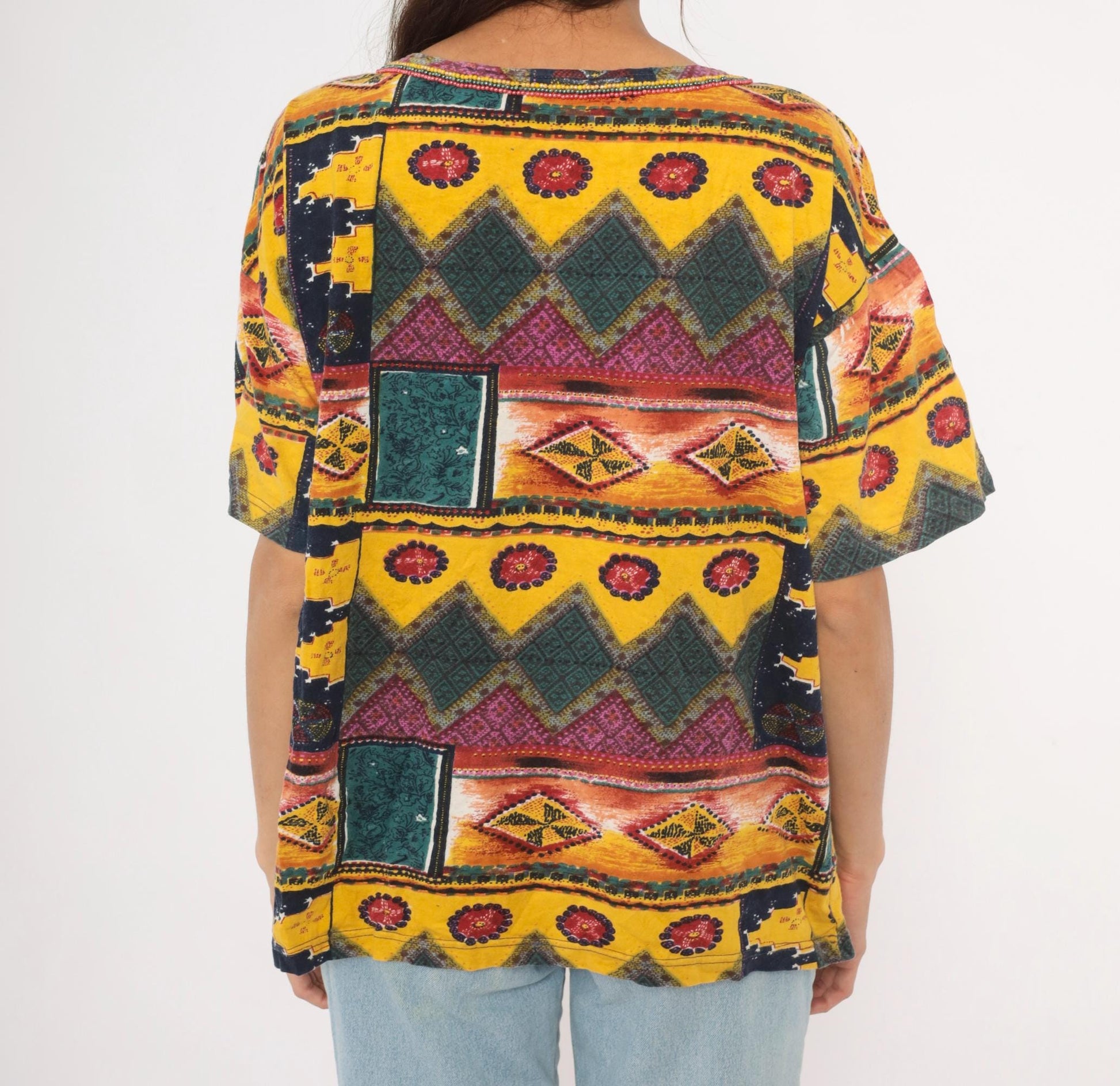 90s Gee J Southwestern Geometric Cotton Tee Multicolor Tribal Patchwork Large L