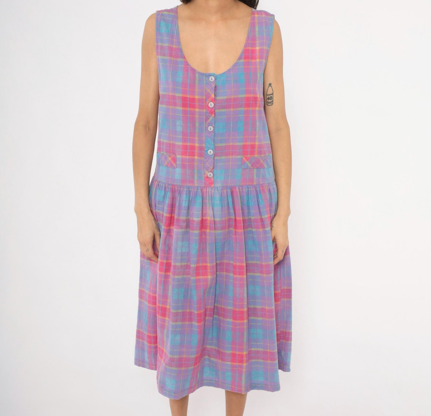 90s Victoria Plaid Cotton Midi Sundress Purple Pink Blue Large L