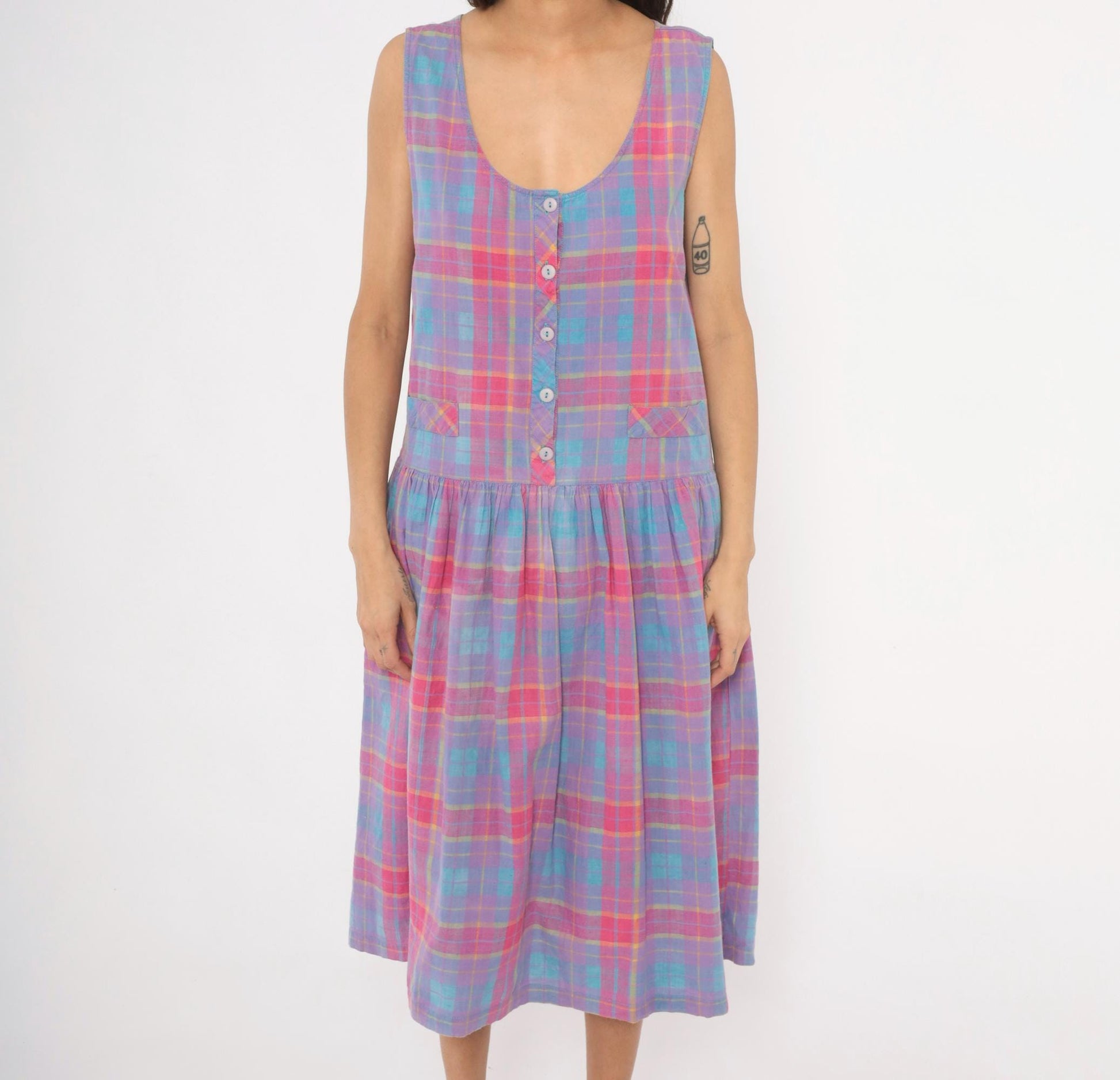 90s Victoria Plaid Cotton Midi Sundress Purple Pink Blue Large L
