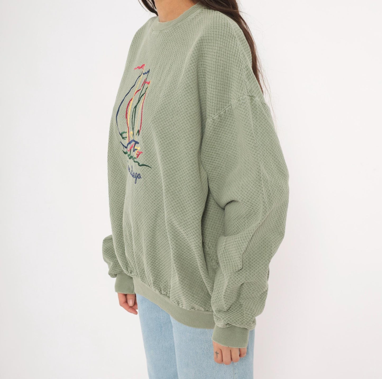 90s San Diego Sailboat Embroidered Waffle Knit Sweatshirt Olive Large L