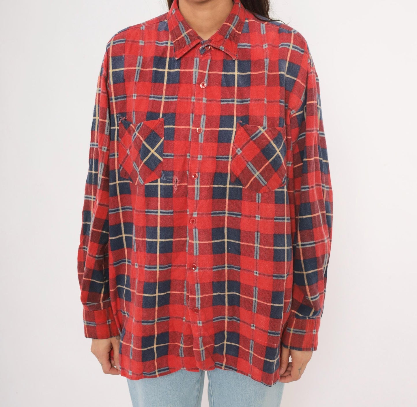 90s Saugatuck Red Navy Plaid Flannel Shirt Cotton Point Collar Extra Large XL