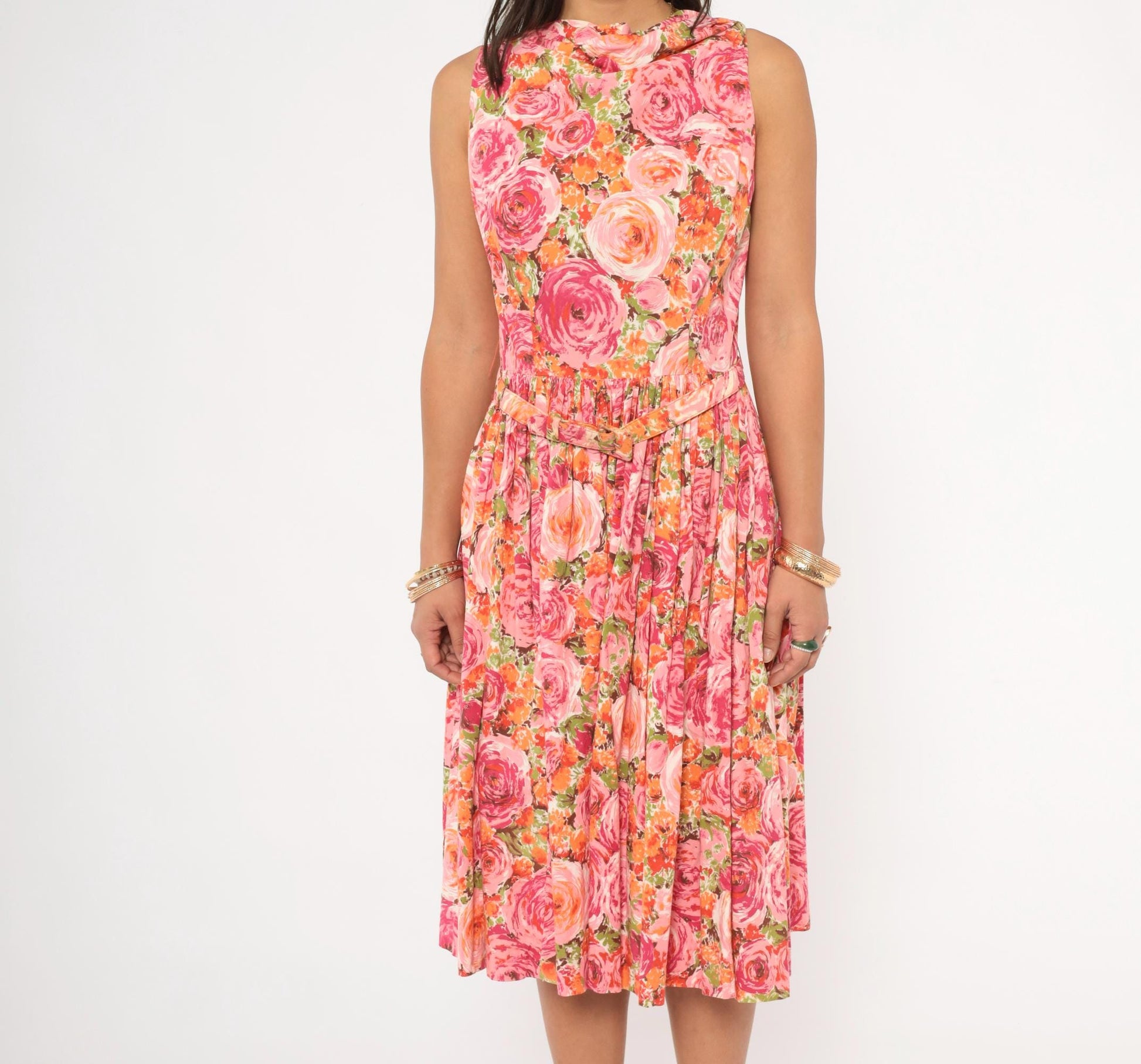 60s Kleinerts Rose Print Dress Pink Coral Floral Sleeveless Cotton Small