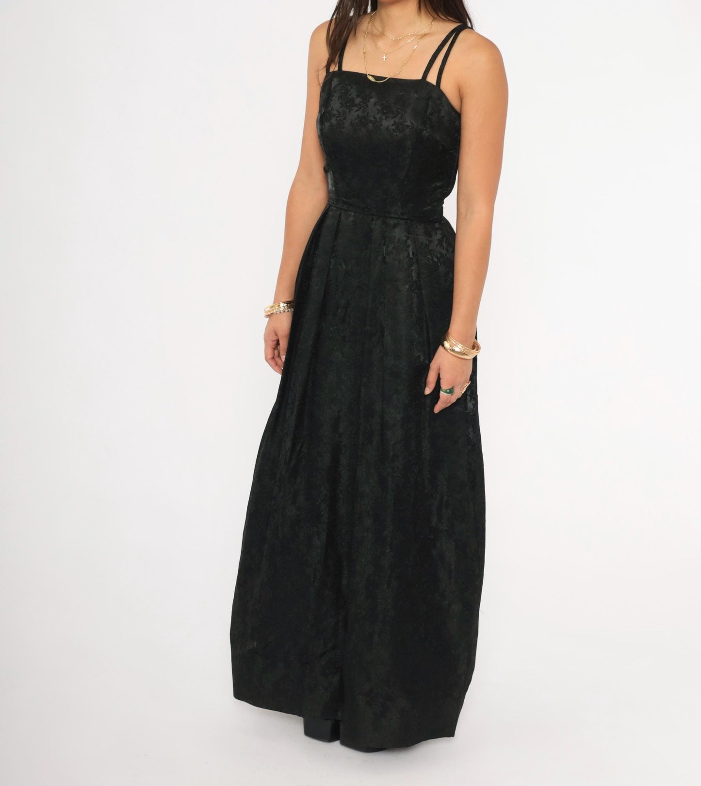 90s Black Jacquard Maxi Gown Double Strap Floral Brocade Floor Length Extra Small XS
