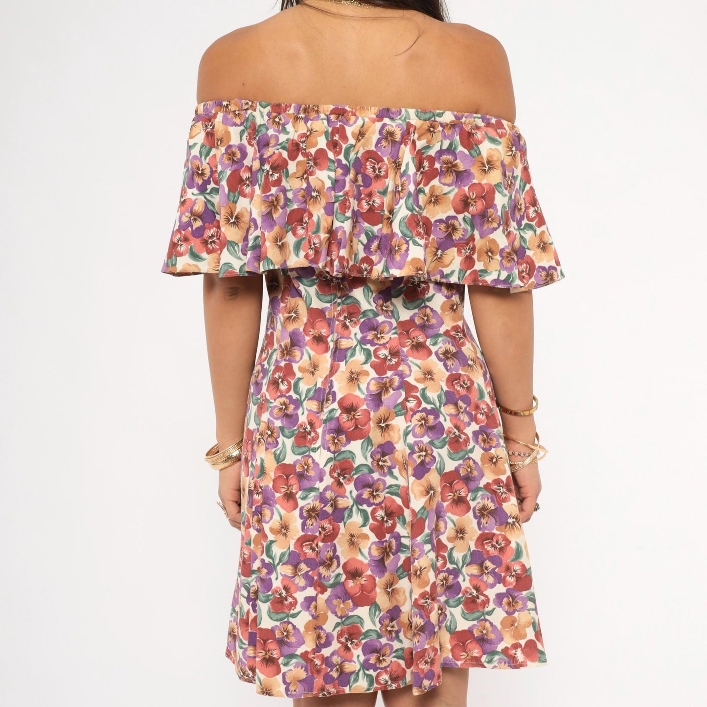 90s Rampage Pansy Floral Off-Shoulder Mini Dress Cream Small