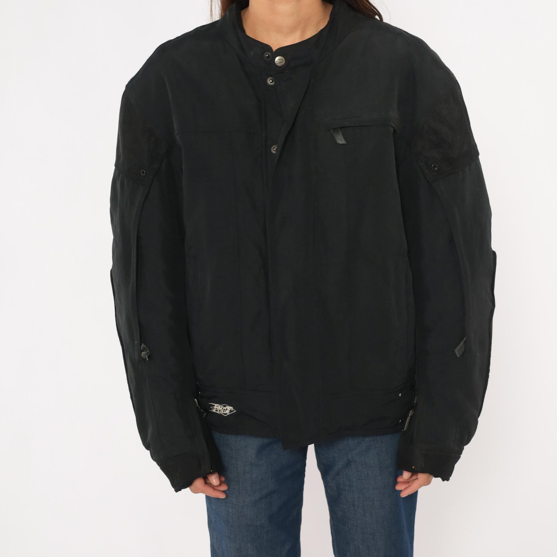 2000s Power Trip Black Motorcycle Jacket Mesh Panel Snap Collar Mens Extra Large XL