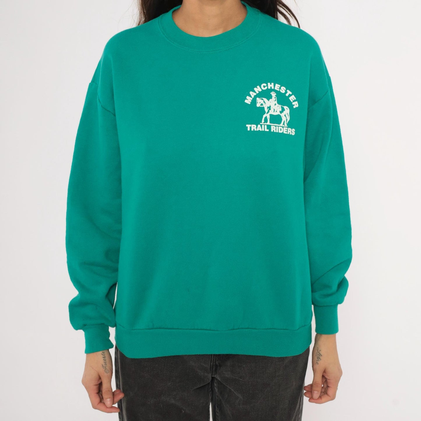 90s Jerzees Manchester Trail Riders Equestrian Sweatshirt Teal Cotton Medium M