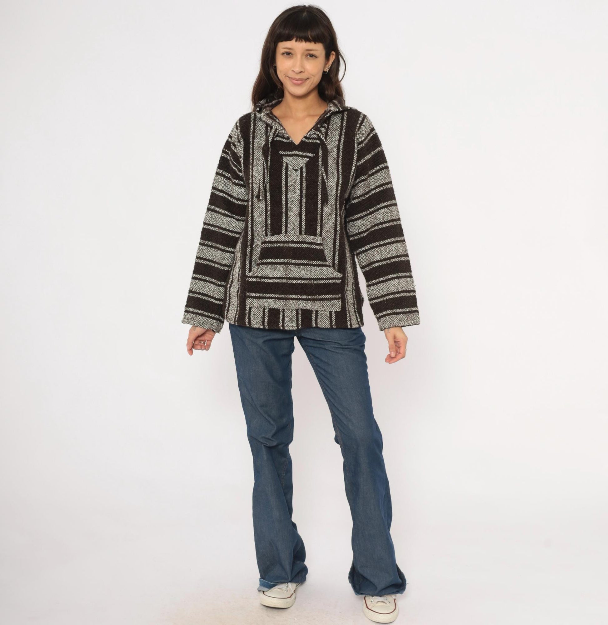 90s Sandy Baja Hoodie Brown White Striped Woven Pullover Medium