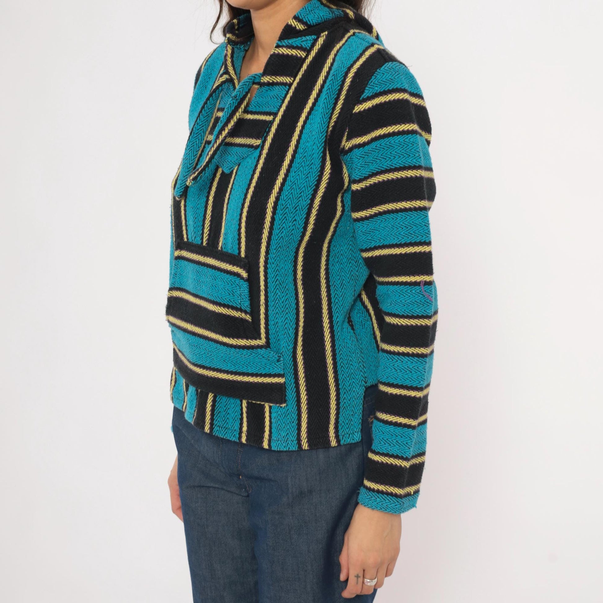 2000s Señor Lopez Baja Hoodie Teal Black Gold Striped Pullover Extra Small XS