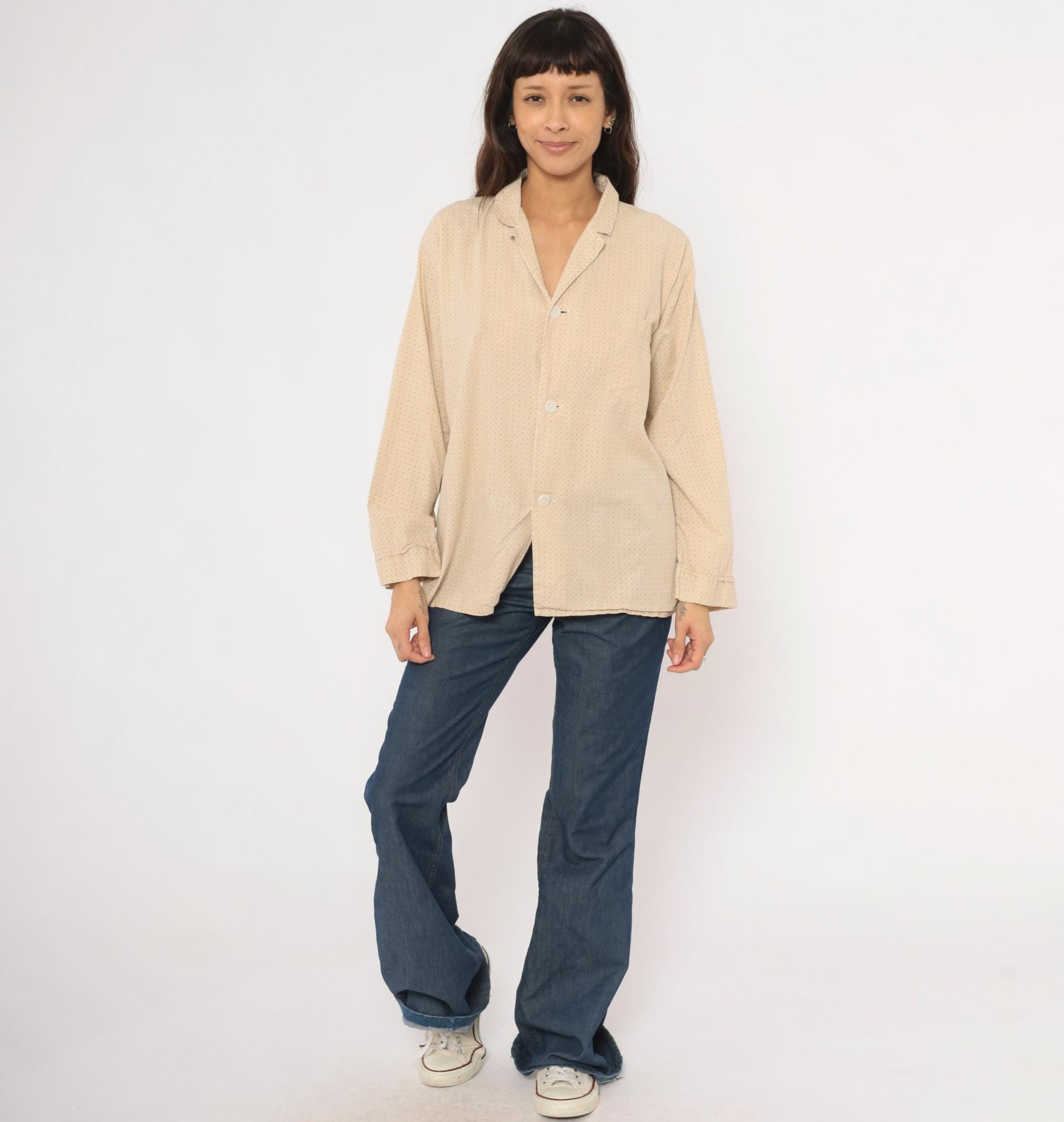 80s Faultless Basketweave Camp Collar Shirt Tan Cotton Blend Large L