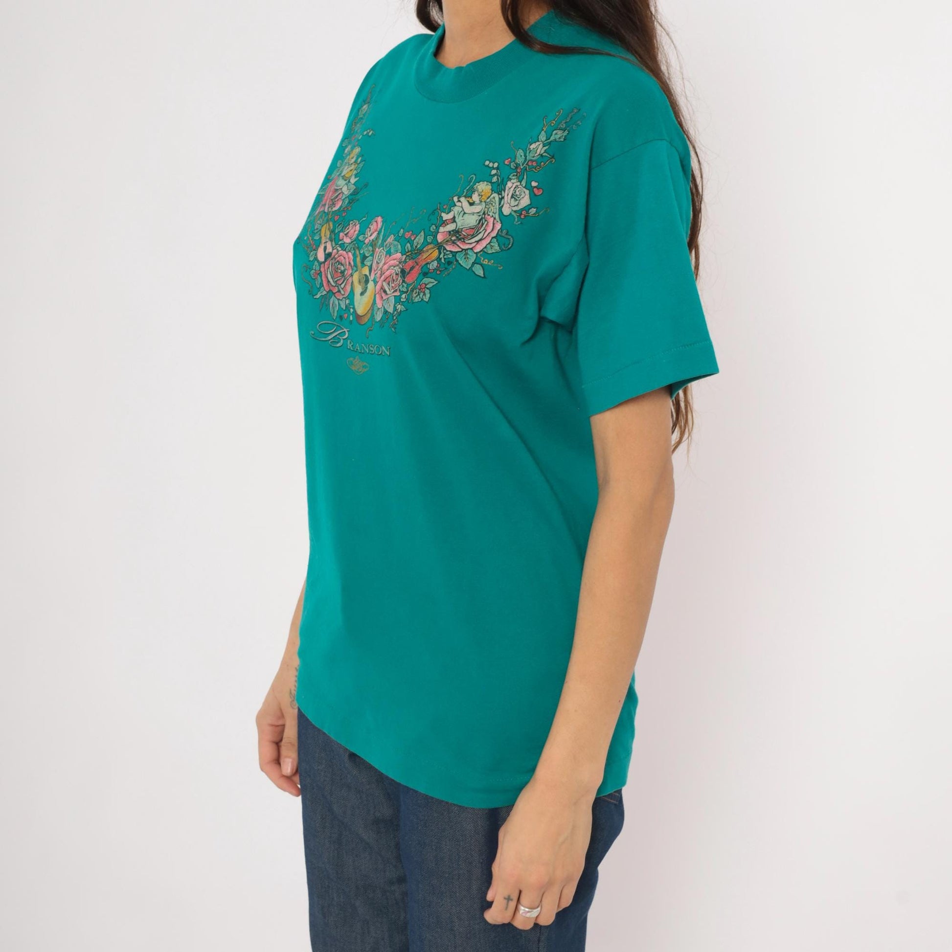 90s Branson Cherub Angel Roses Guitar Teal Cotton Graphic Tee Small