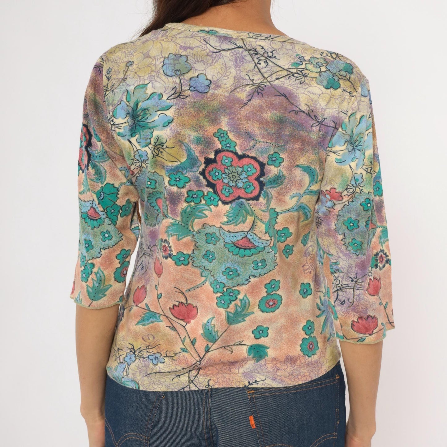 Y2K Watercolor Floral Sequin Top Three Quarter Sleeve Teal Rose Lavender Small S