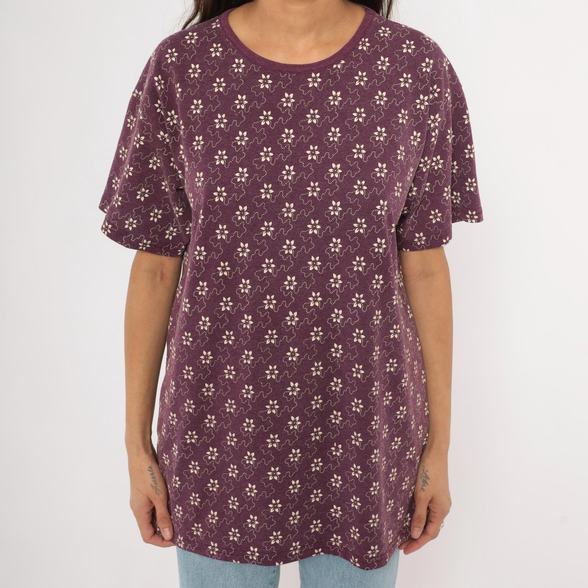 90s Kavio Designs Floral Tee Plum Ditsy Print Cotton Tunic Large L