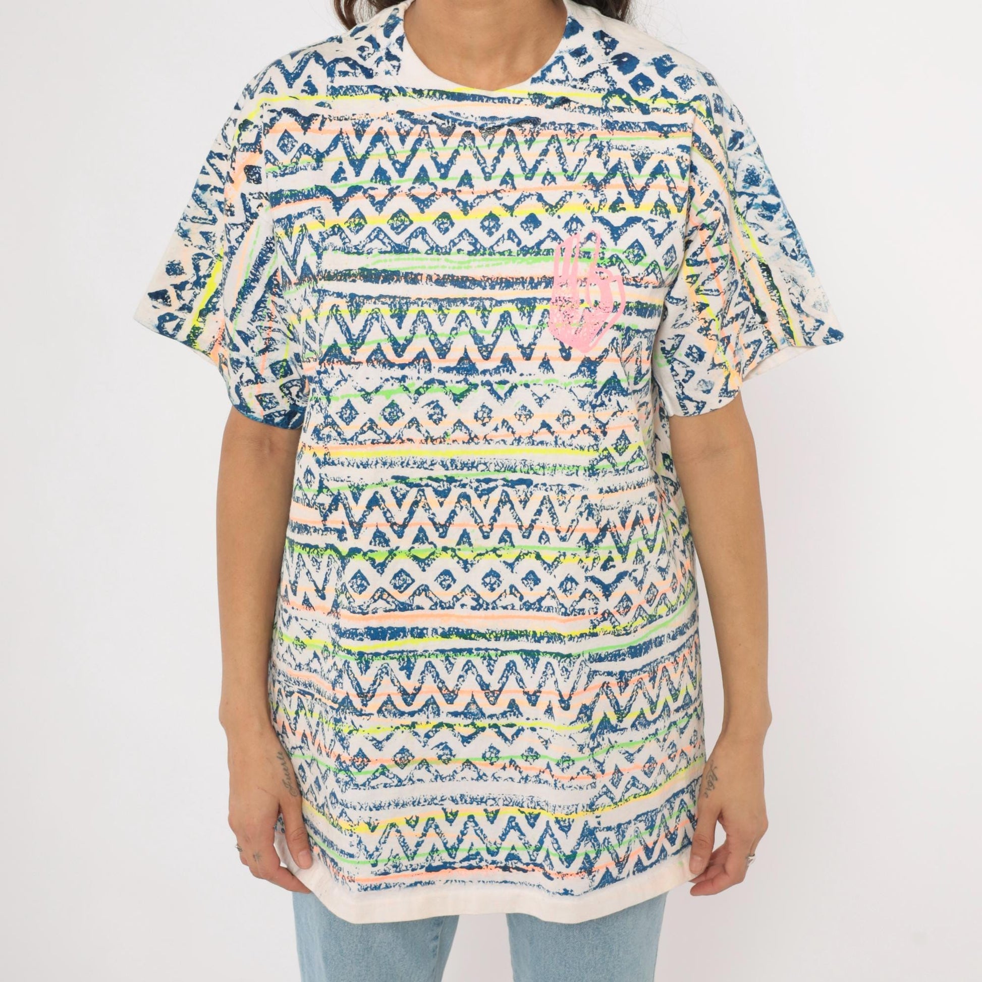 90s Sasson Tribal Print T-Shirt Neon Geometric White Navy Cotton Extra Large XL