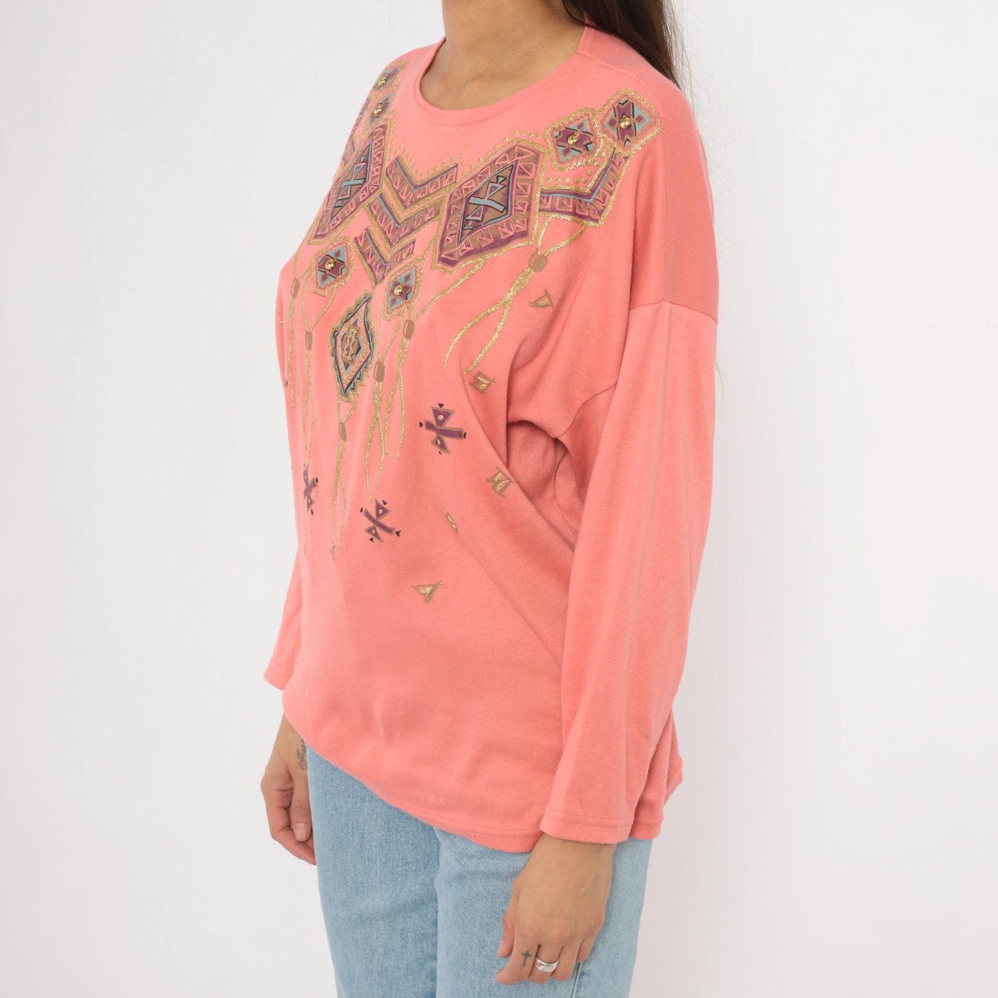 90s Sassy Sport Southwestern Crewneck Coral Pink Beaded Graphic Medium