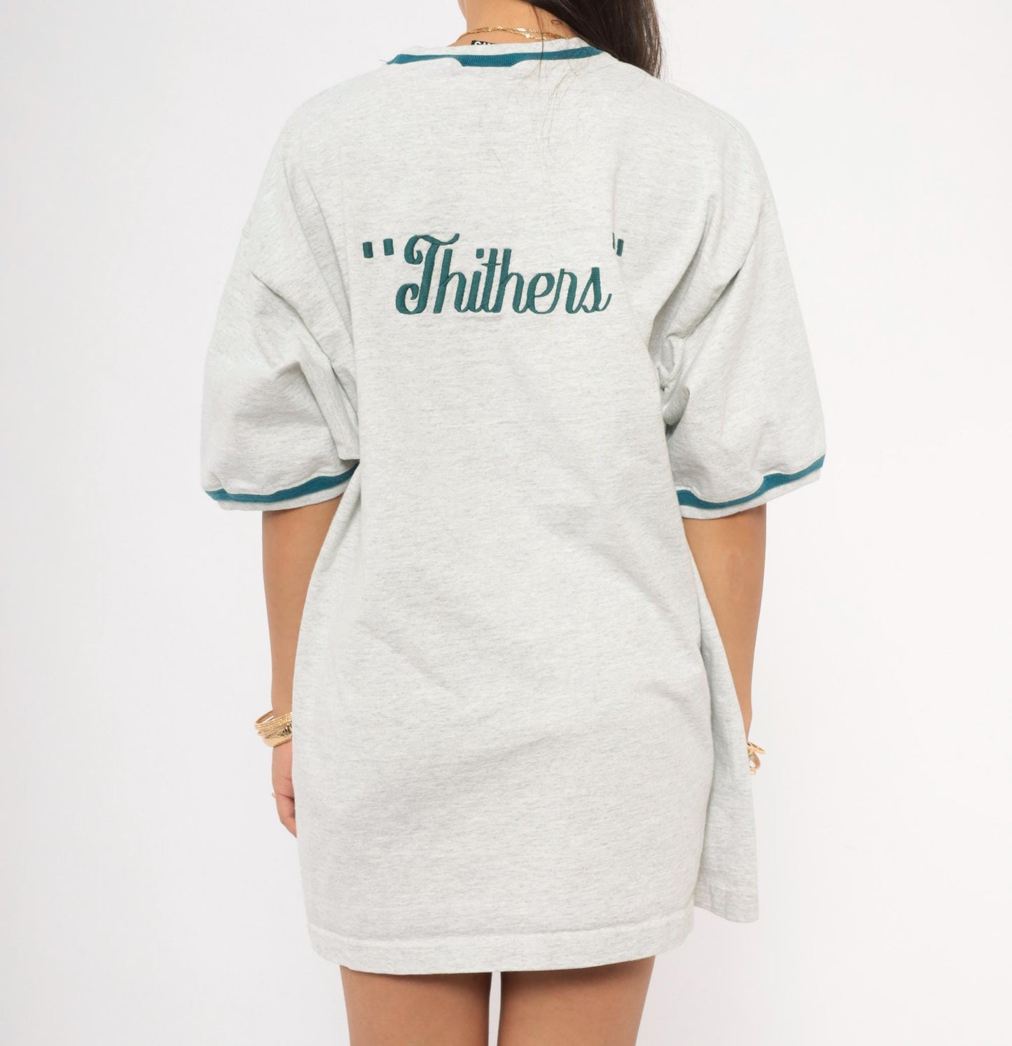 90s Signal Ringer Tee Teal Trim Embroidered Back Grey Cotton XXL