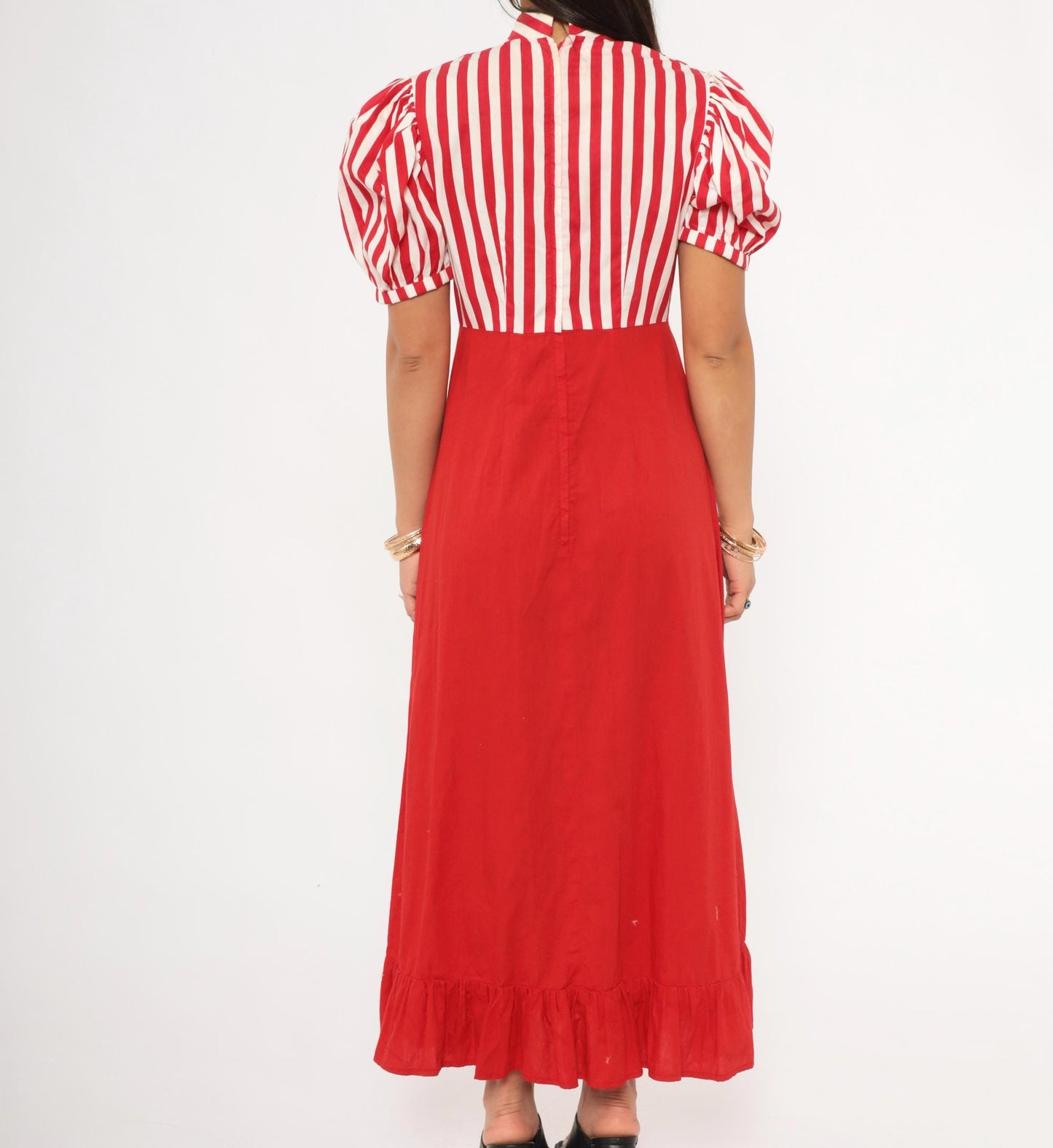 70s Red White Striped Cotton Maxi Dress Puff Sleeve Empire Waist Medium M