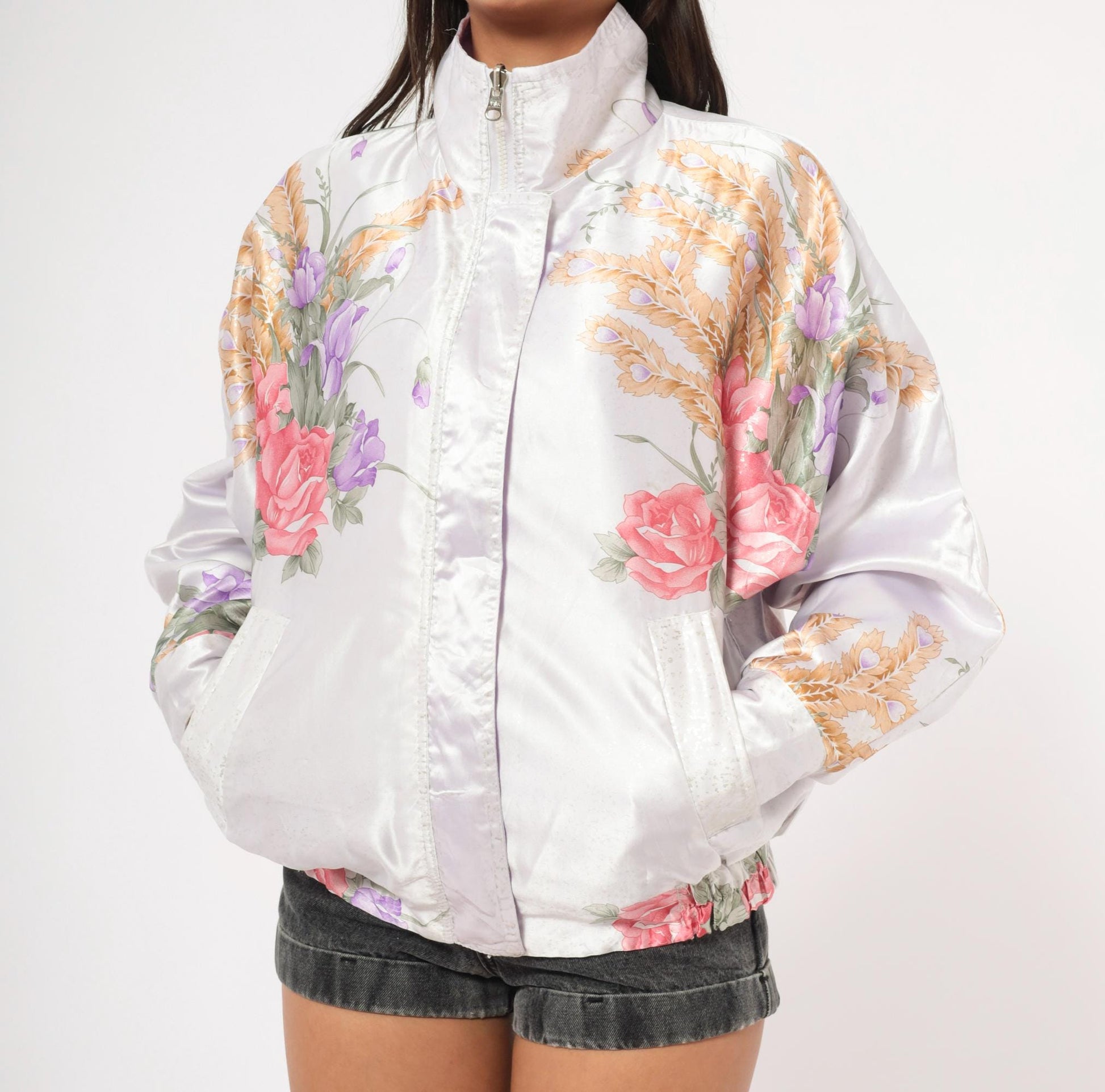 90s White Satin Floral Bomber Jacket Pink Purple Gold Roses Irises Medium M
