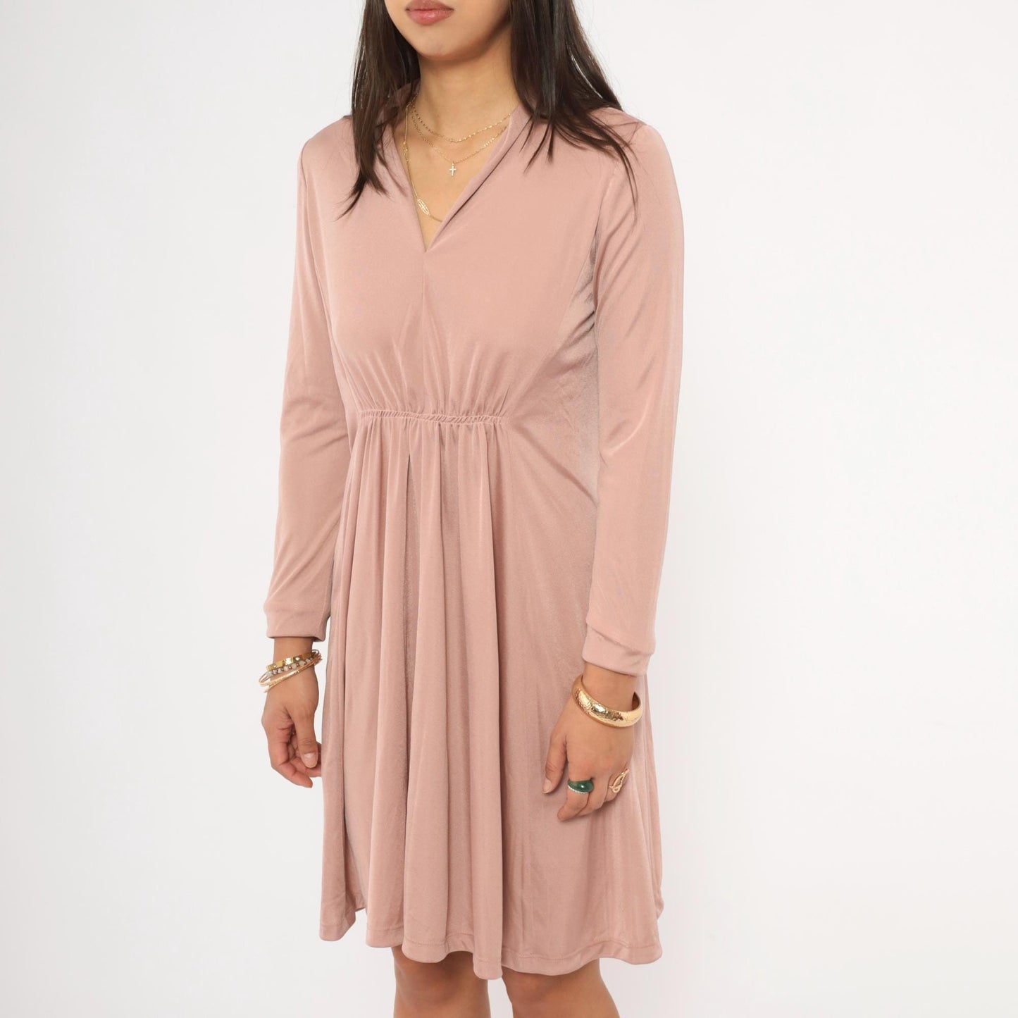70s Mauve Mini Dress Long Sleeve V-Neck Gathered Waist A-Line Small S