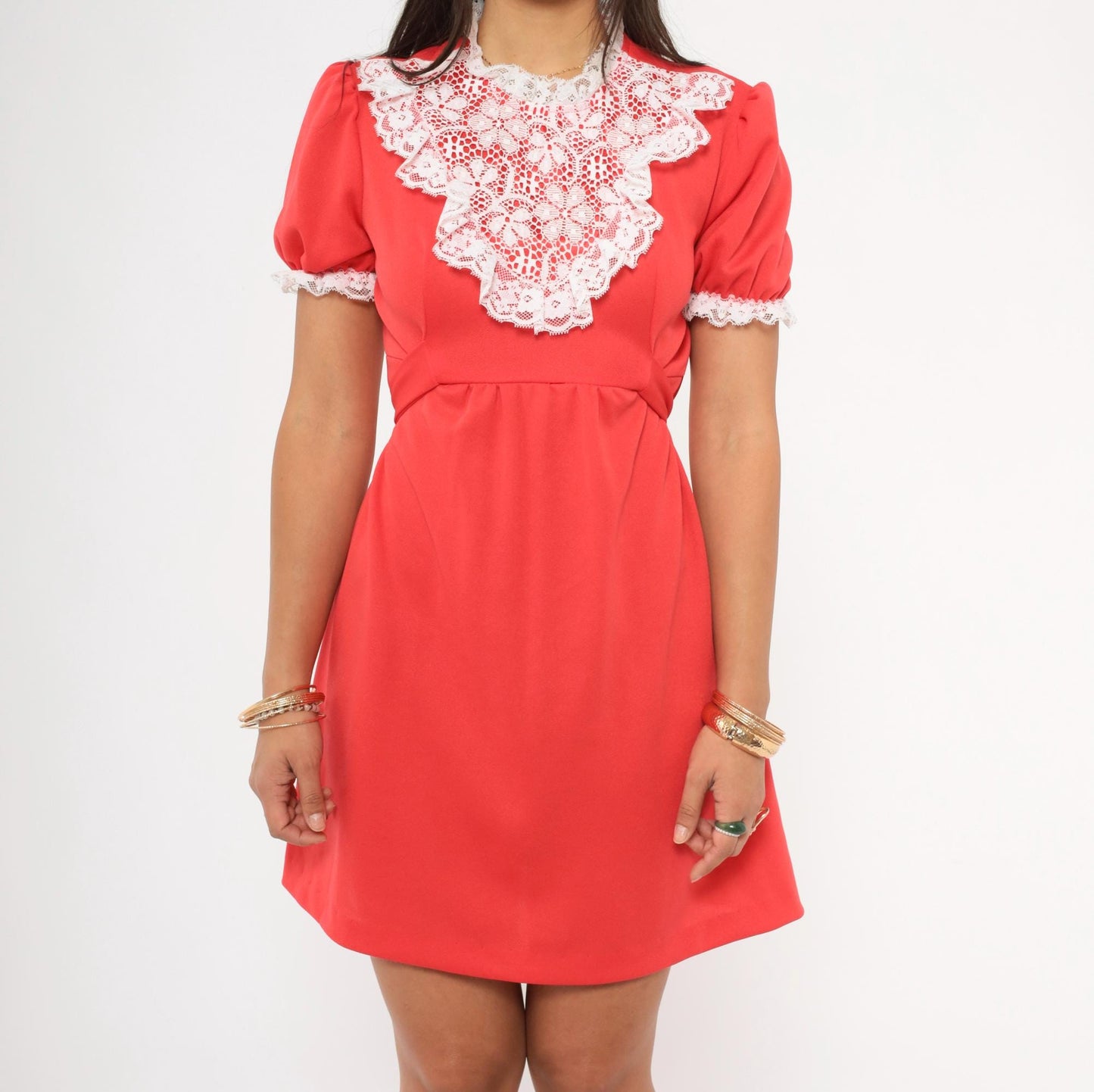 70s Red Mini Dress White Lace Bib Puff Sleeve A-Line Small S