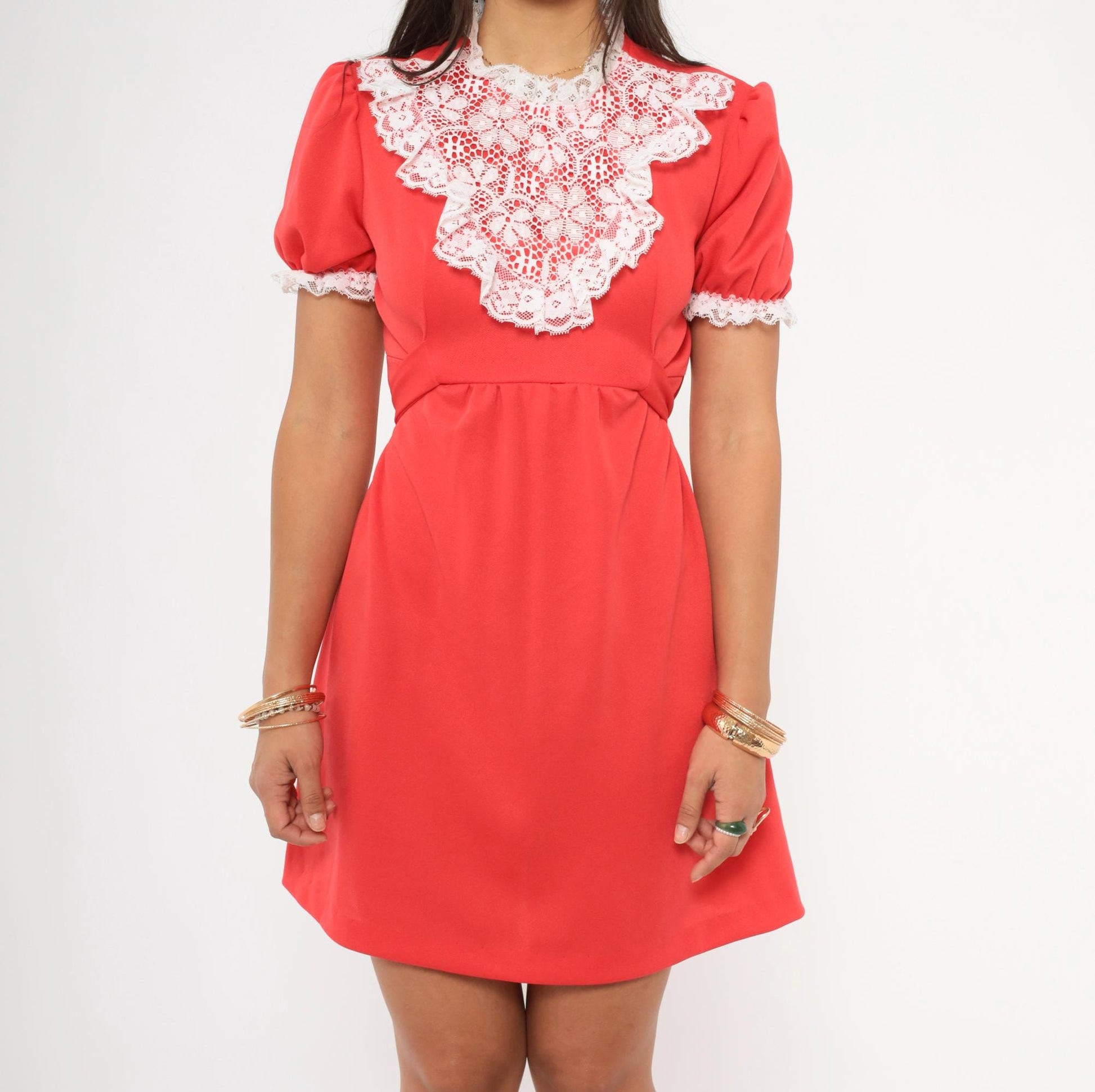 70s Red Mini Dress White Lace Bib Puff Sleeve A-Line Small S
