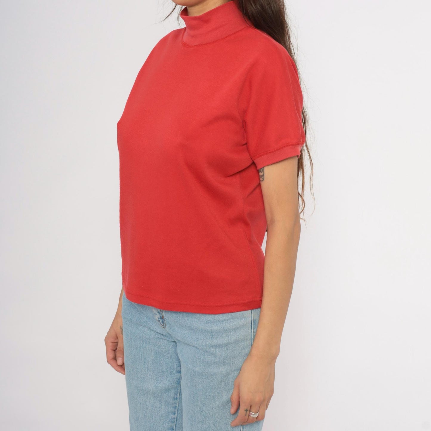 90s French Navy Red Mock Neck Cotton Tee Short Sleeve Medium M