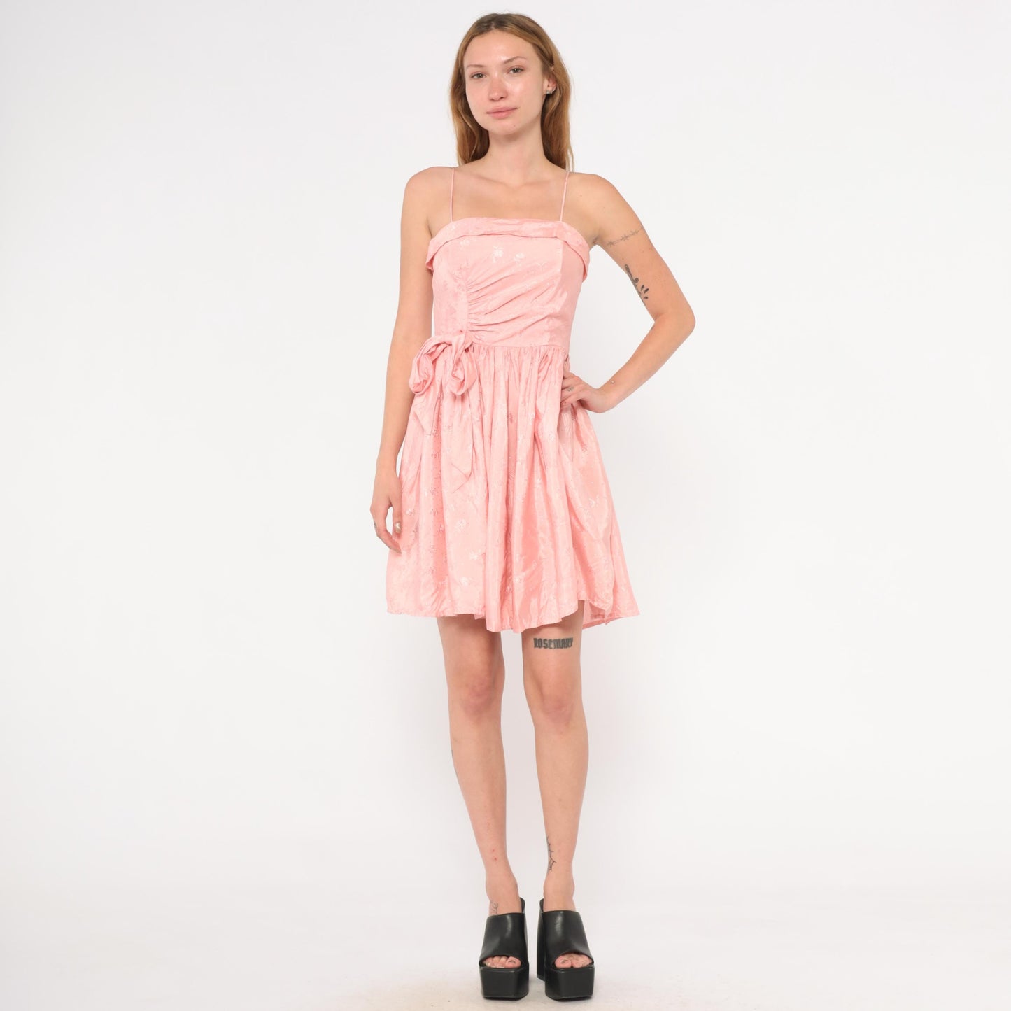 60s Pink Mini Dress Ruched Bodice Bow Waist Gathered Skirt Extra Small XS