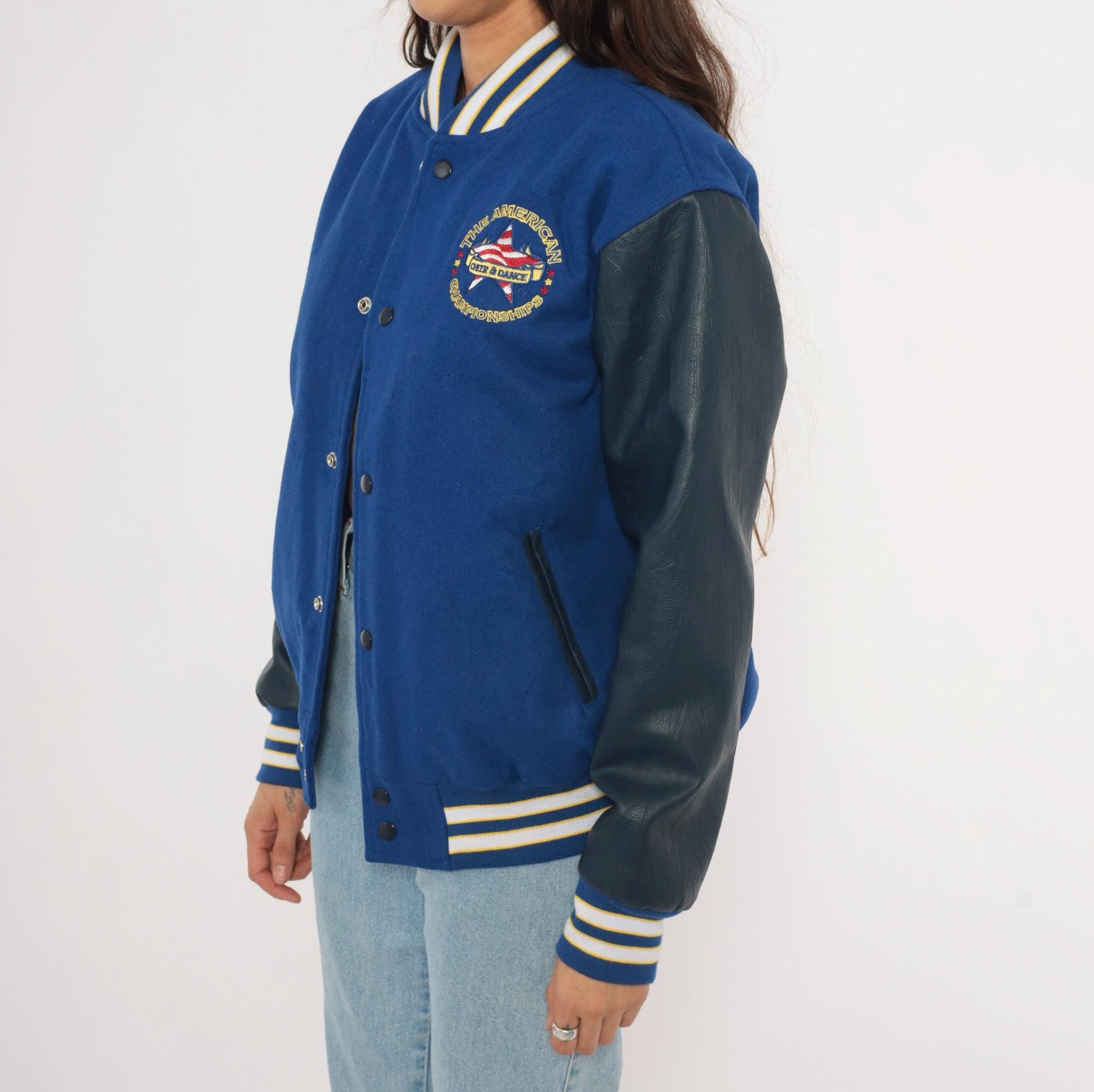 2000s Varsity Royal Blue Letterman Jacket Wool Leather Sleeve Championship Embroidered Small