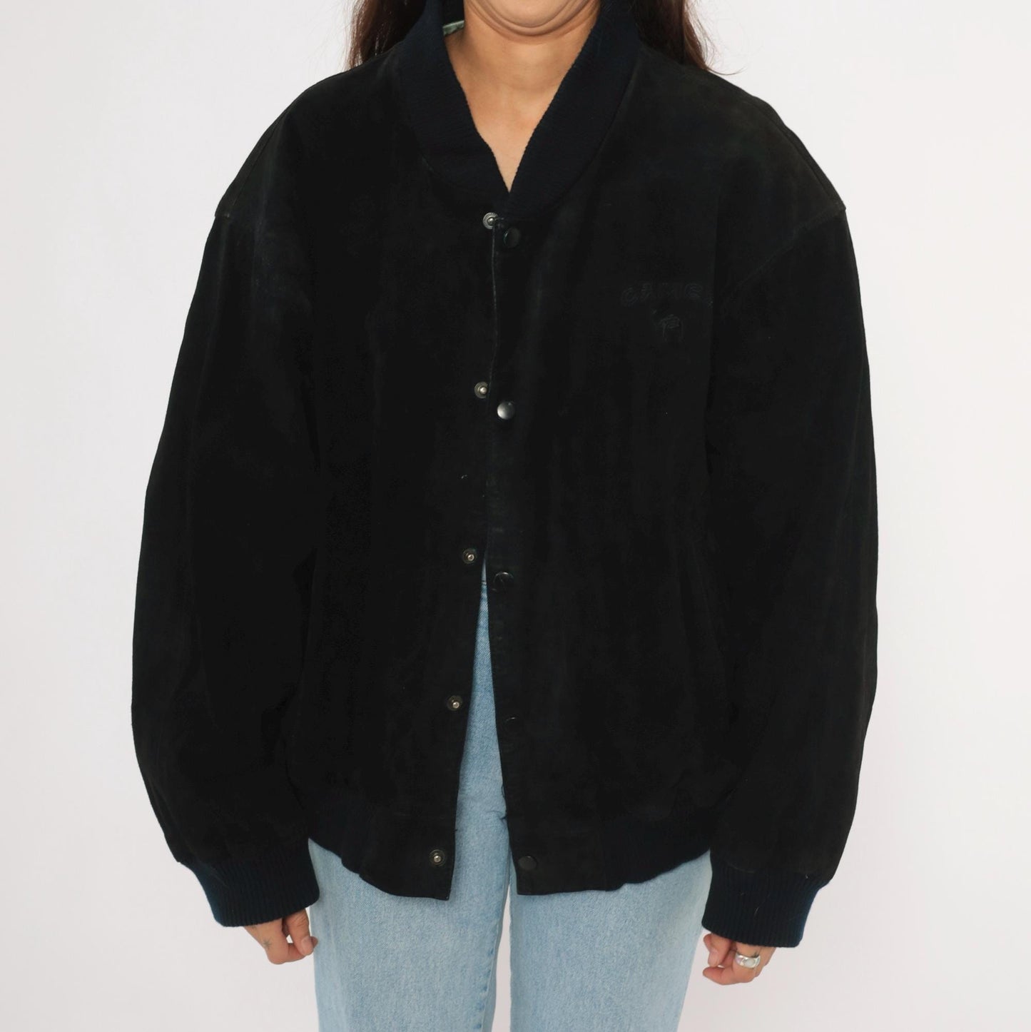 90s Camel Black Suede Bomber Jacket Knit Collar Leather Coat Extra Large XL