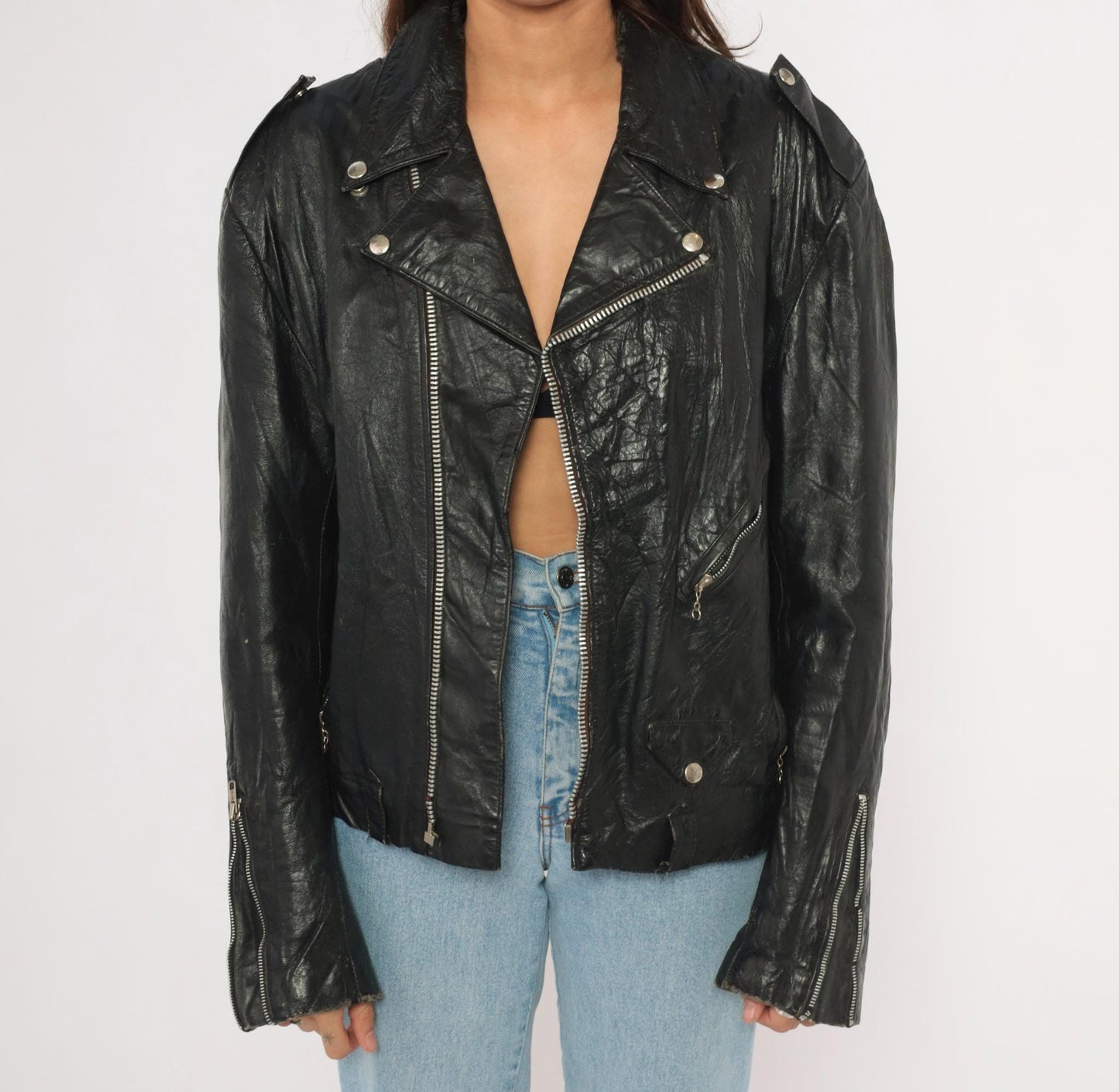 90s Black Leather Moto Jacket Asymmetrical Zip Biker Coat Medium M