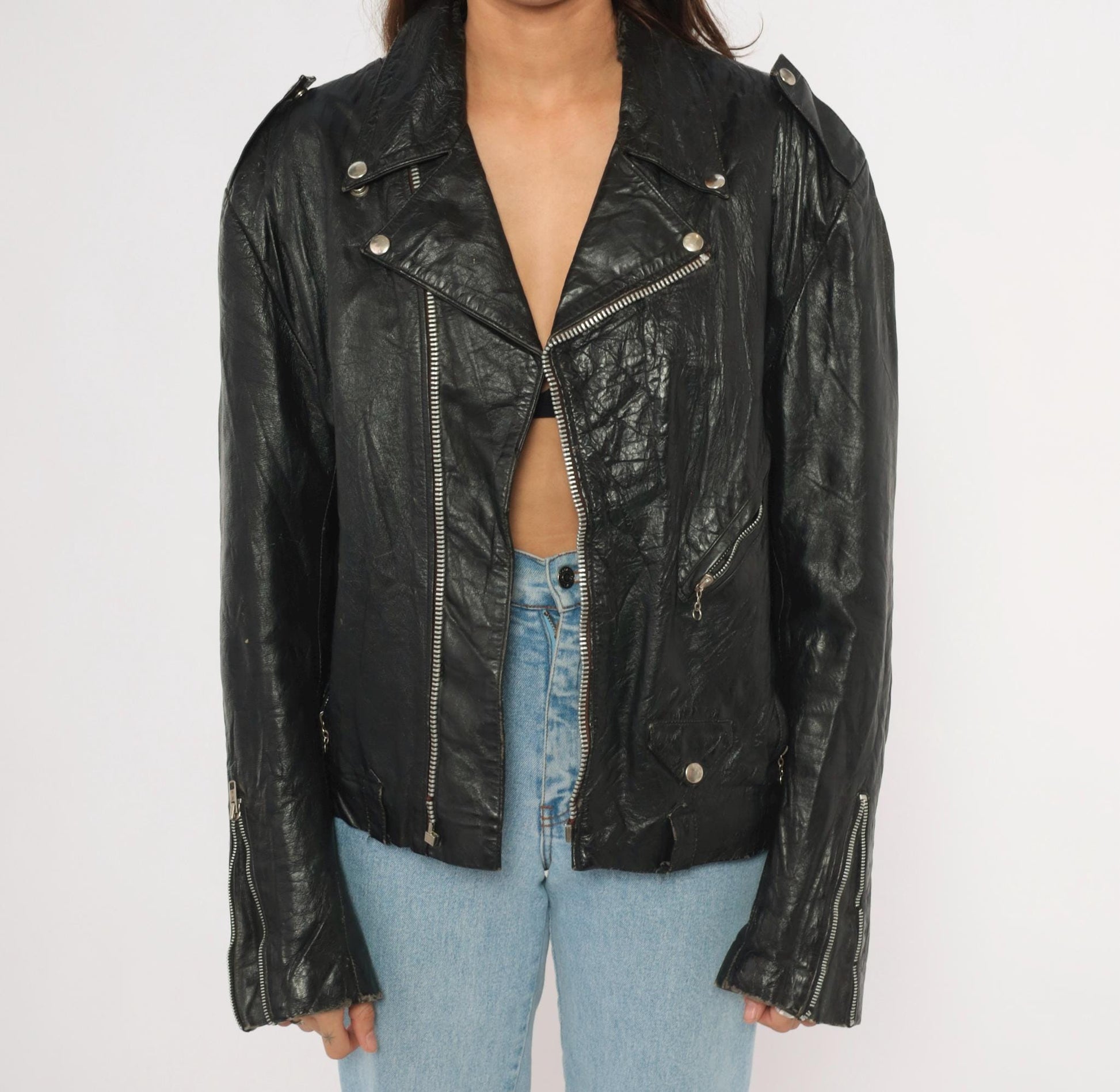 90s Black Leather Moto Jacket Asymmetrical Zip Biker Coat Medium M