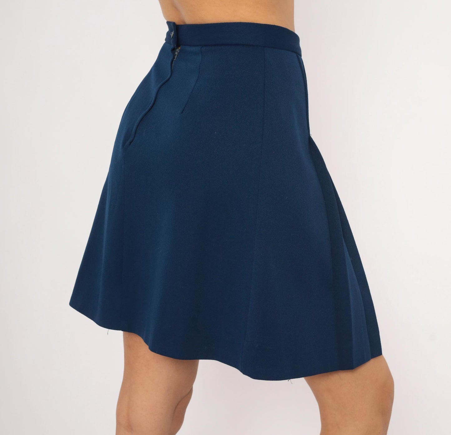 70s Navy Pleated A-Line Skirt High Waist Knee-Length Small