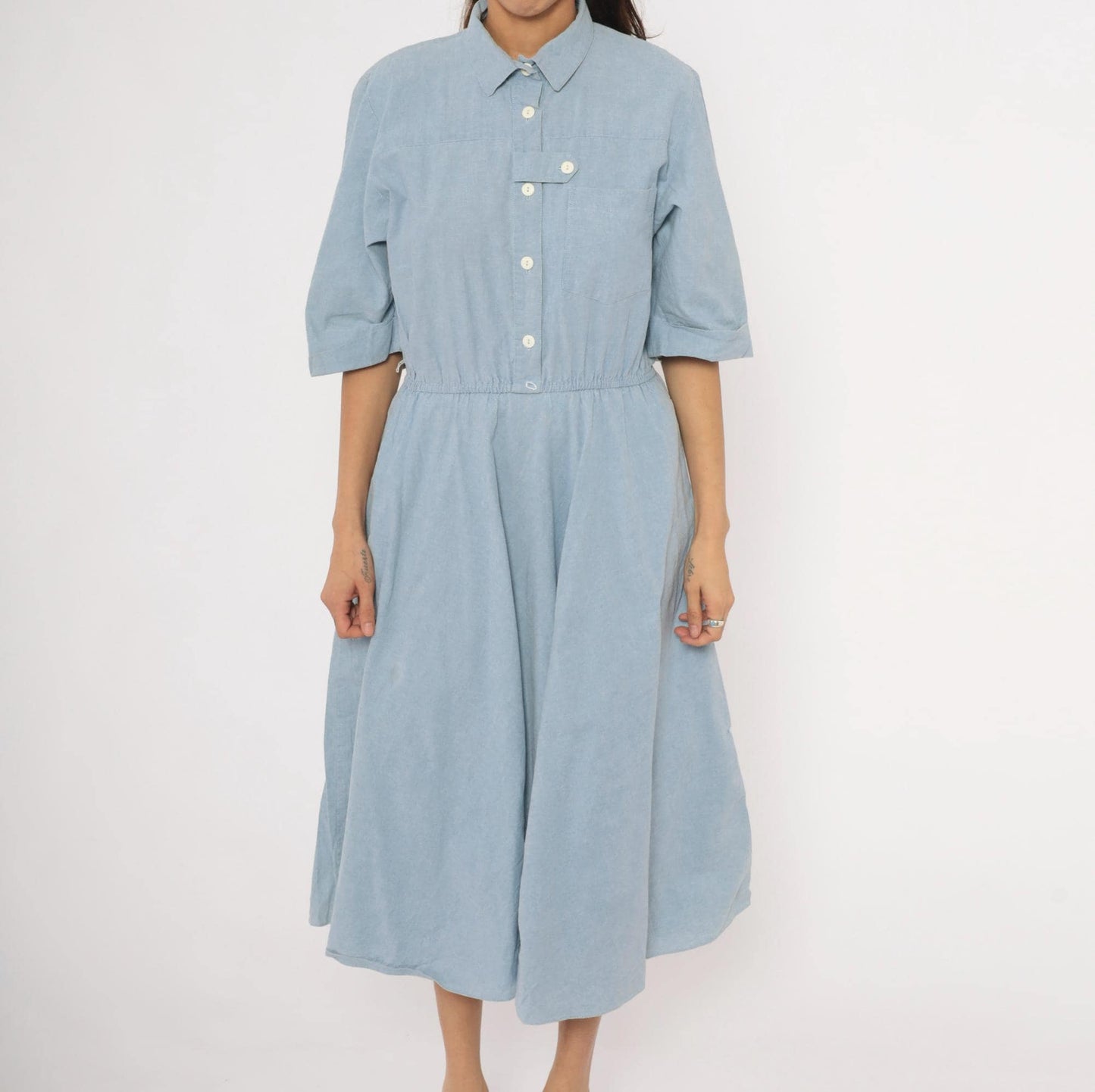 80s Powder Blue Chambray Shirt Dress Cotton Midi Flared Skirt Large L