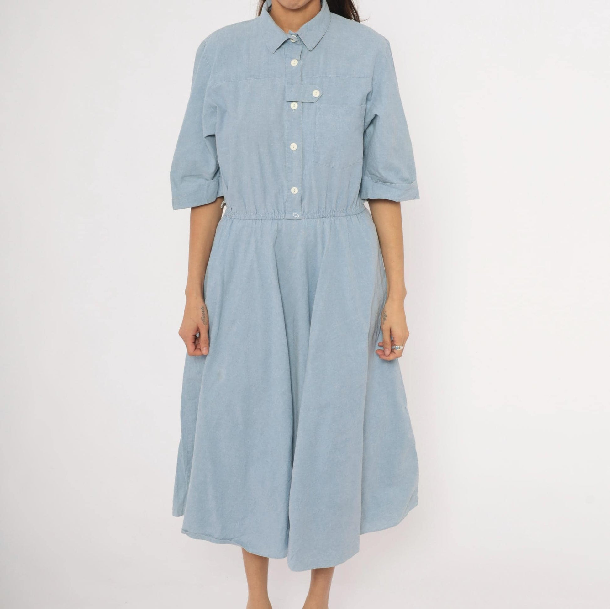 80s Powder Blue Chambray Shirt Dress Cotton Midi Flared Skirt Large L