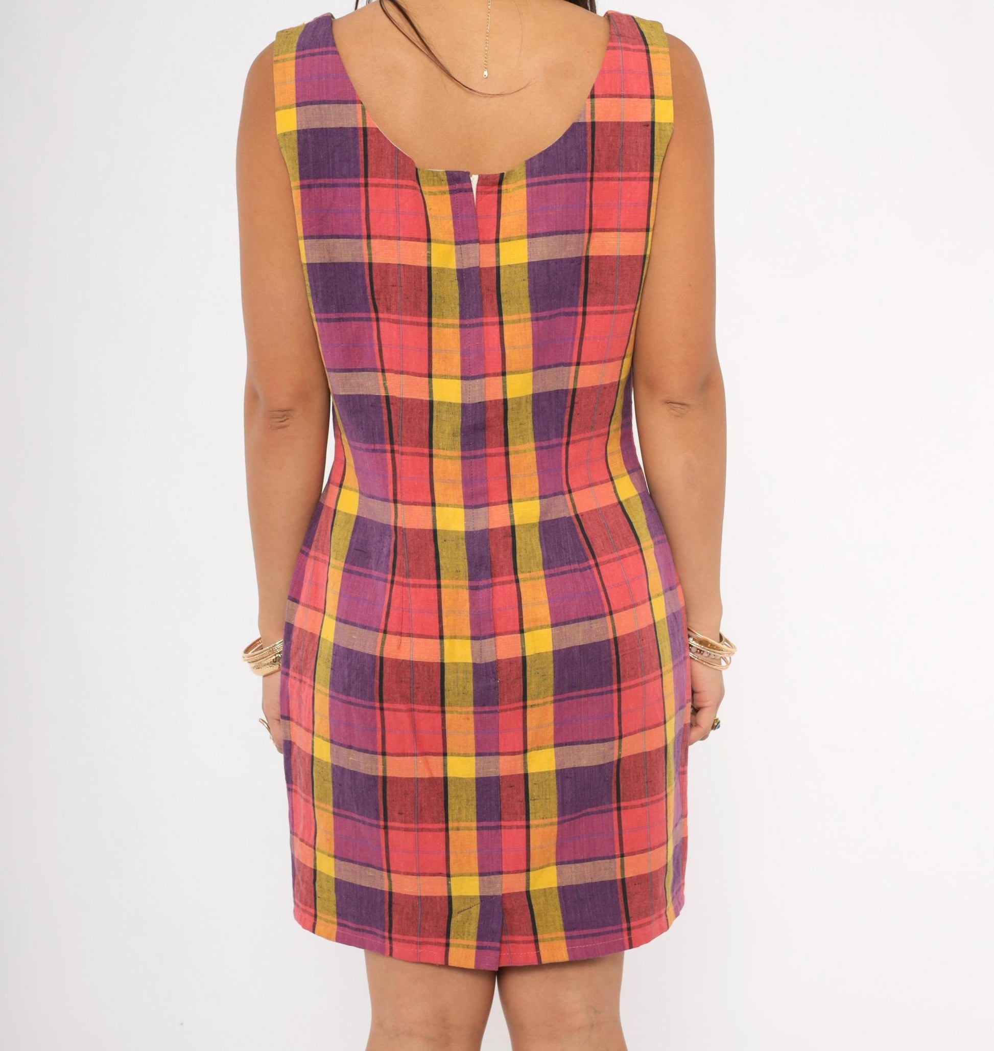 90s For Petes Sake Plaid Mini Dress Linen Scoop Neck Purple Yellow Pink Small