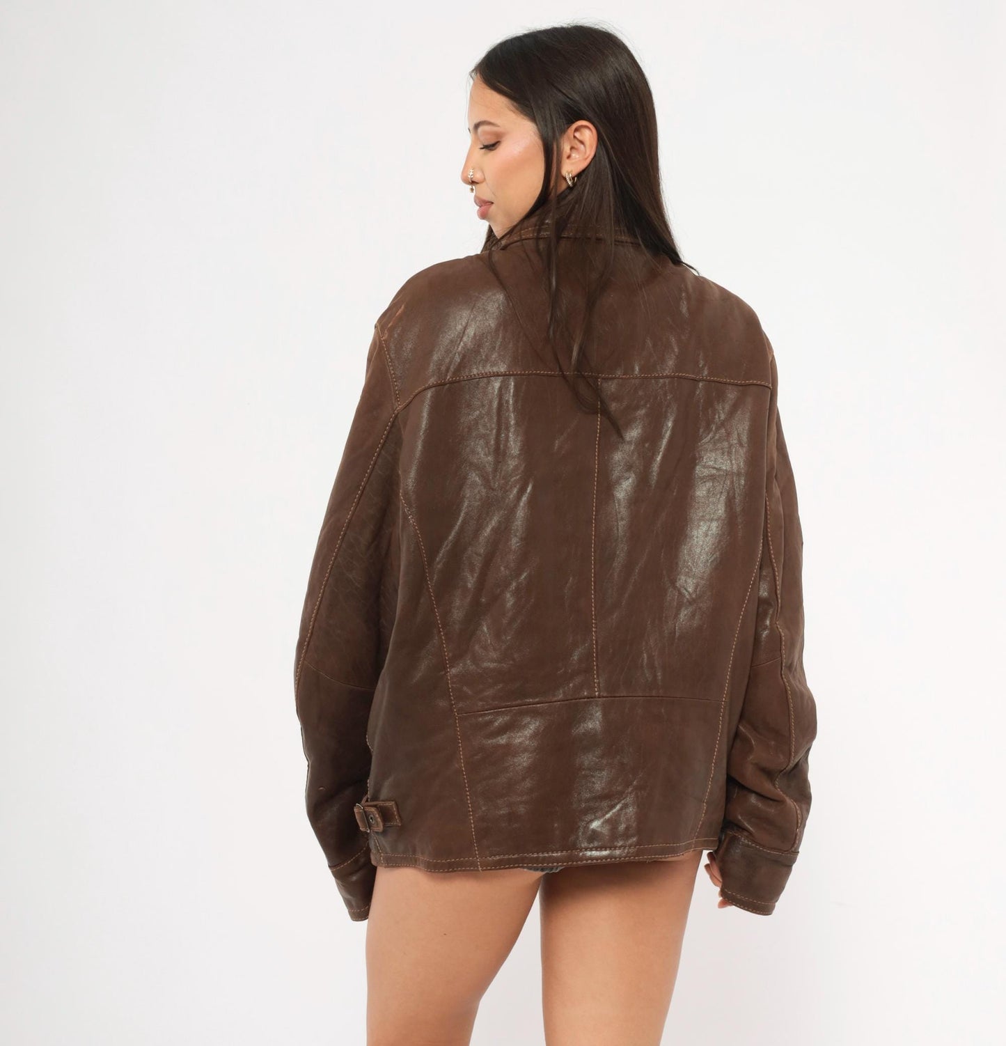 Y2K Wilsons Brown Leather Moto Jacket Paneled Spread Collar Large L