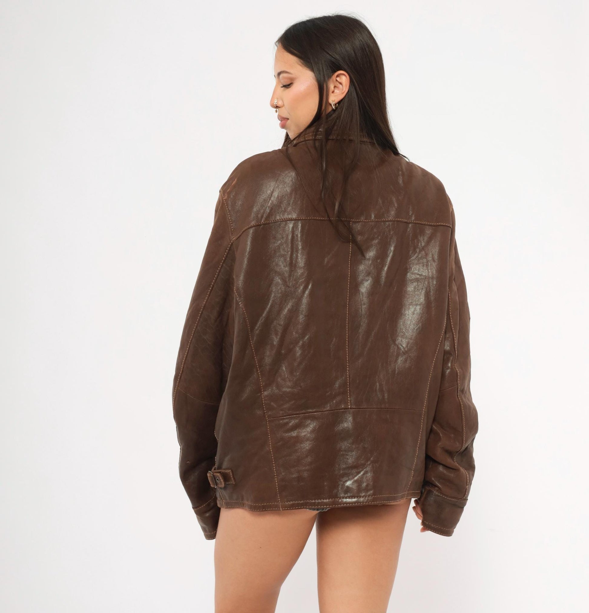 Y2K Wilsons Brown Leather Moto Jacket Paneled Spread Collar Large L