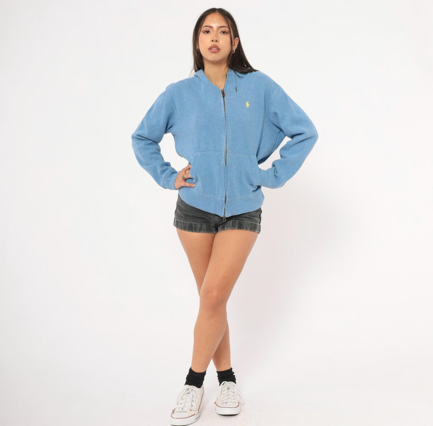 90s Polo Ralph Lauren Zip-Up Hoodie Sky Blue Cotton Medium M