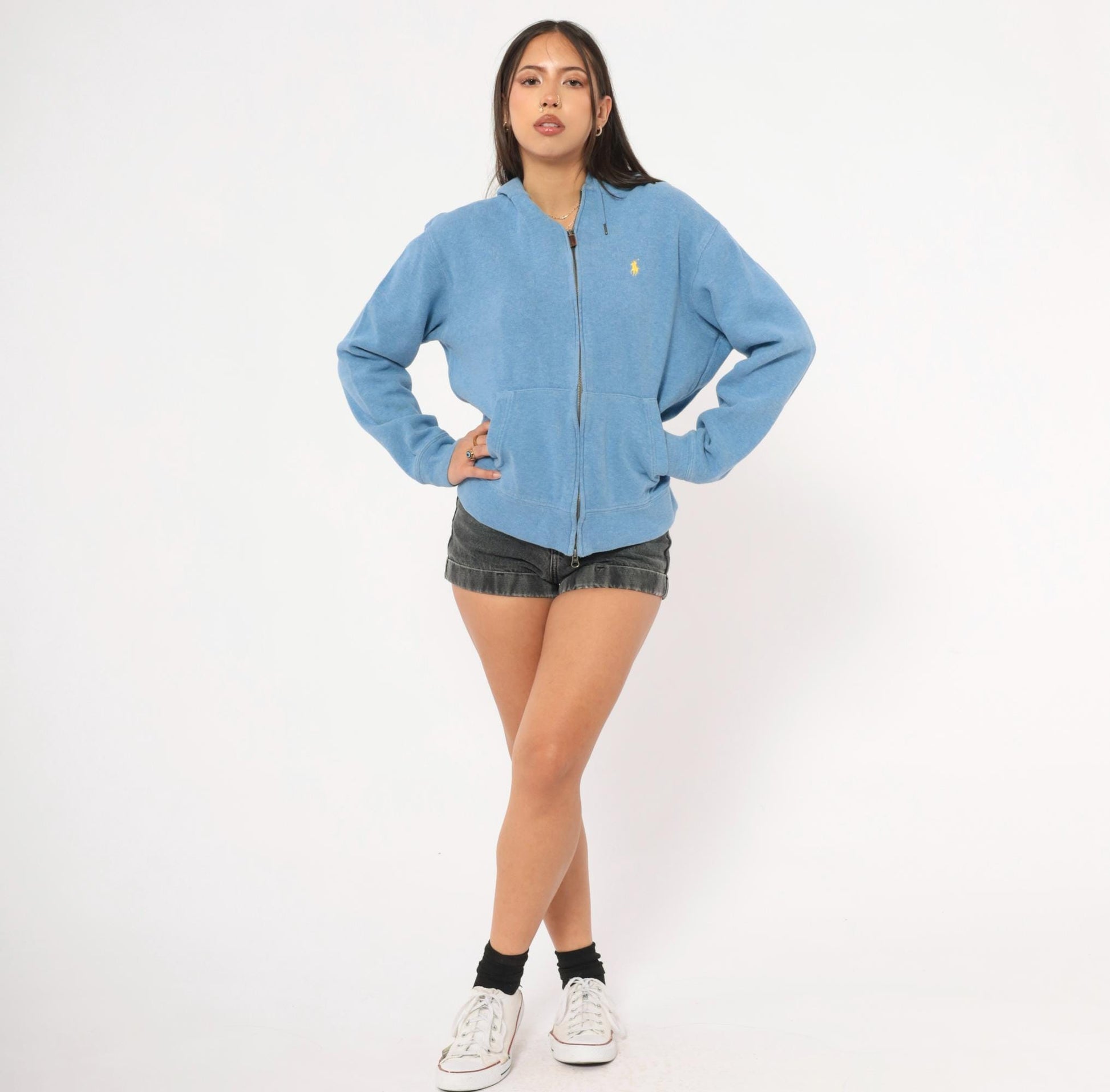 90s Polo Ralph Lauren Zip-Up Hoodie Sky Blue Cotton Medium M