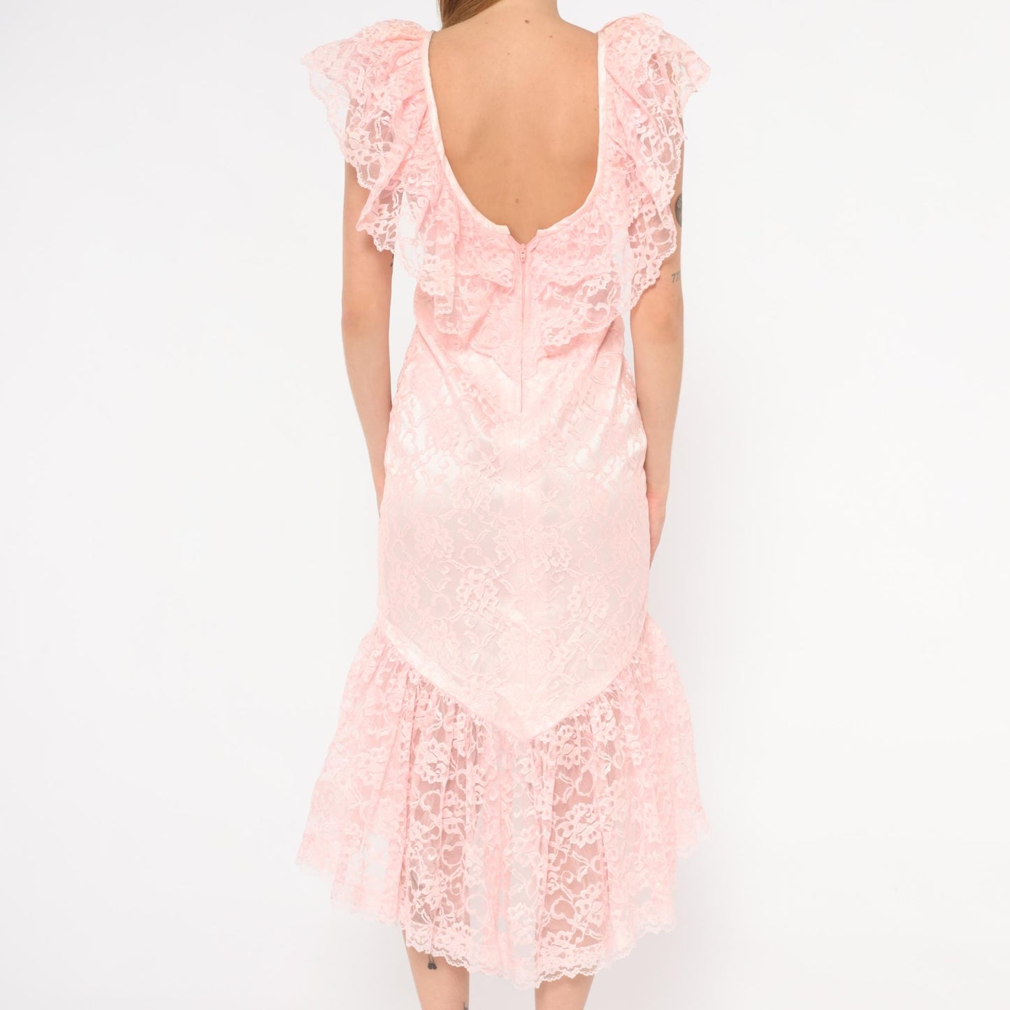 80s Pink Lace Midi Dress Floral Overlay Ruffled Cap Sleeves Small